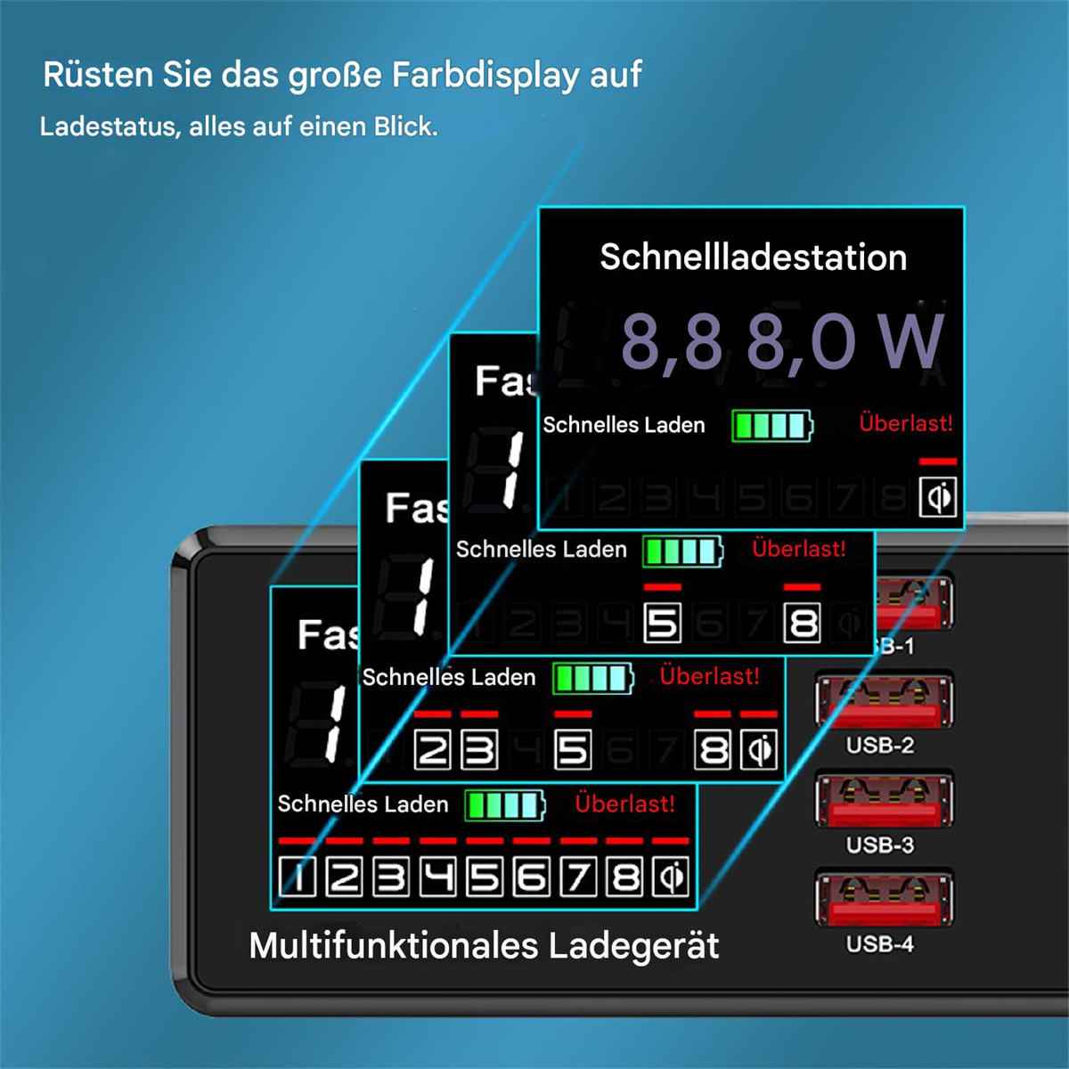 Multifunktionales Ladegerät mit mehreren digitalen Anzeigen für Ladestatus und Leistung.