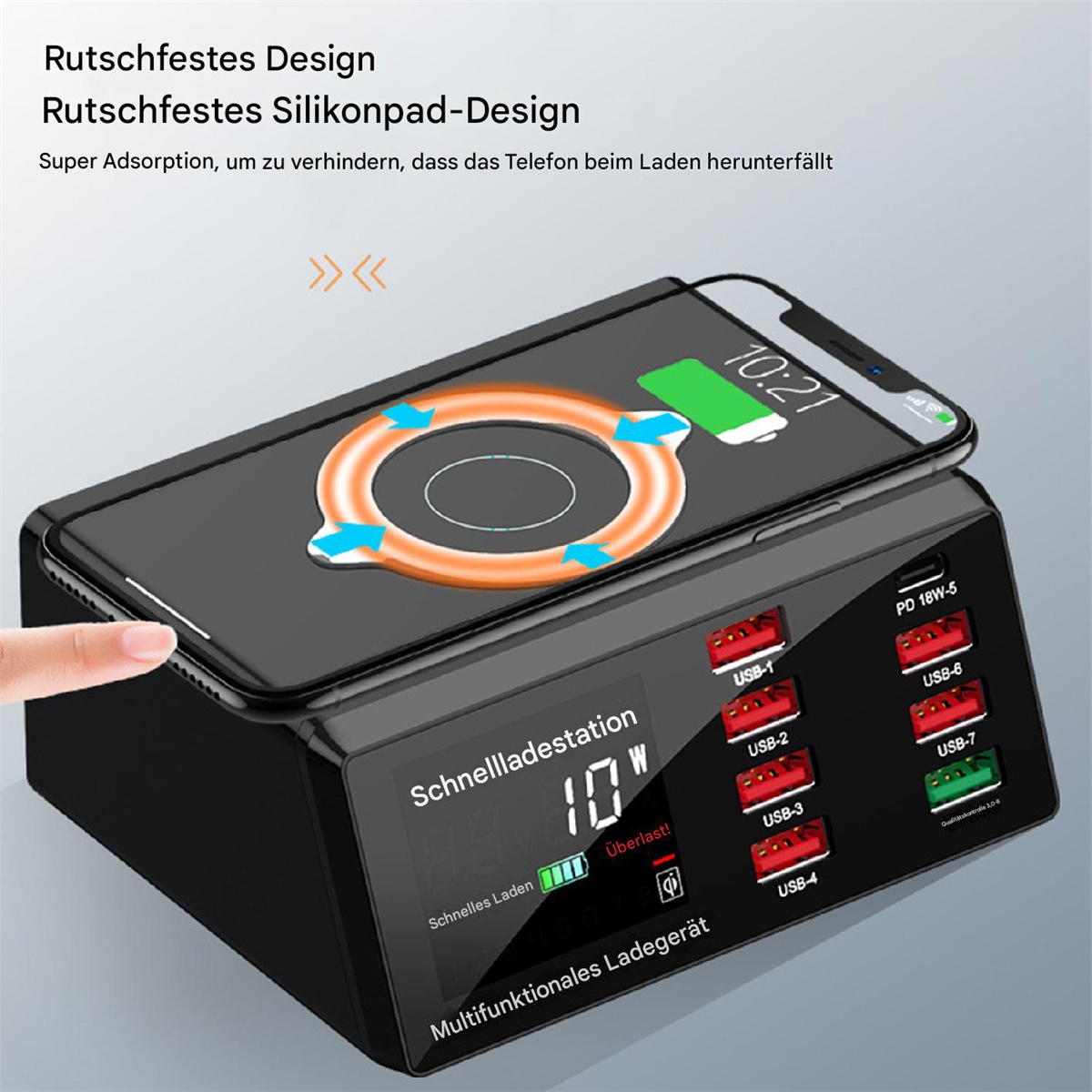 Schwarze Ladestation mit Telefon oben. Zeigt Ladestatus an und hat mehrere USB-Anschlüsse.