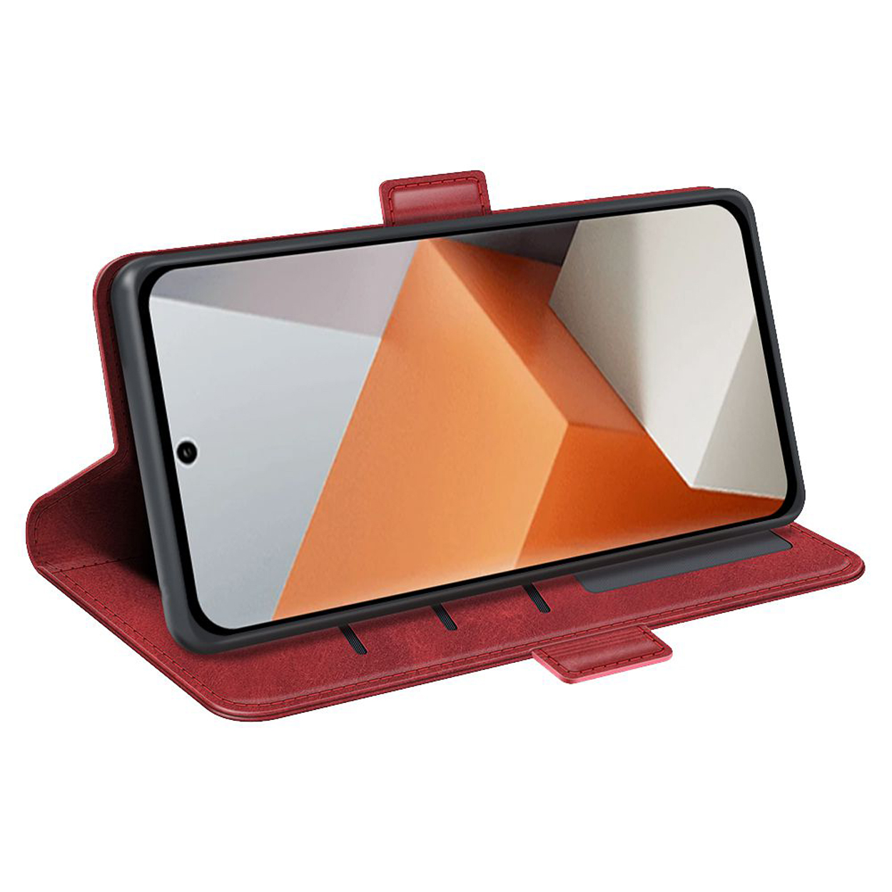 Een rode telefoonhoes met een telefoon erin, open en opgezet. Het scherm toont een rood en oranje ontwerp.