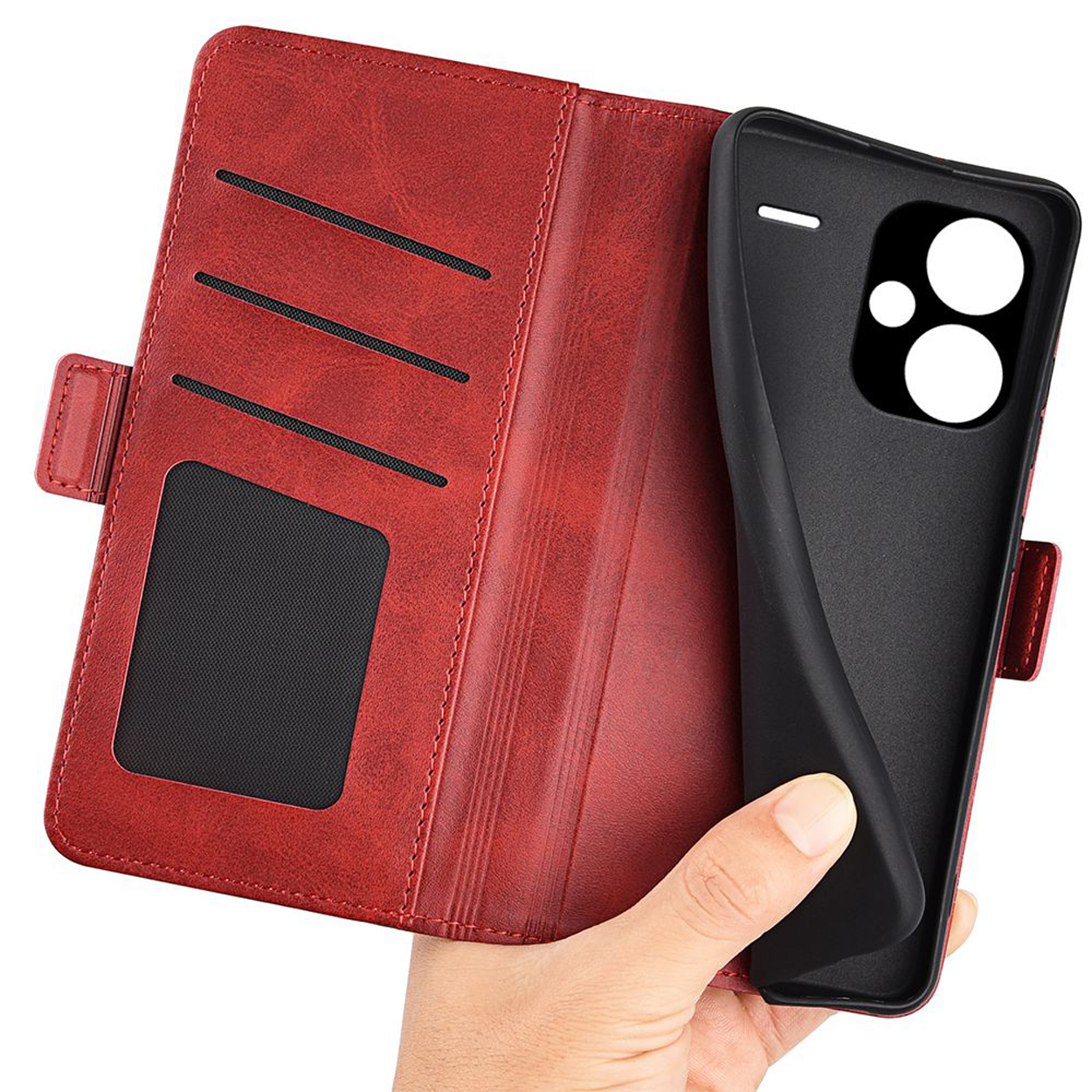 Rode leren telefoonhoes, open met kaartsleuven. Zwart interieur.