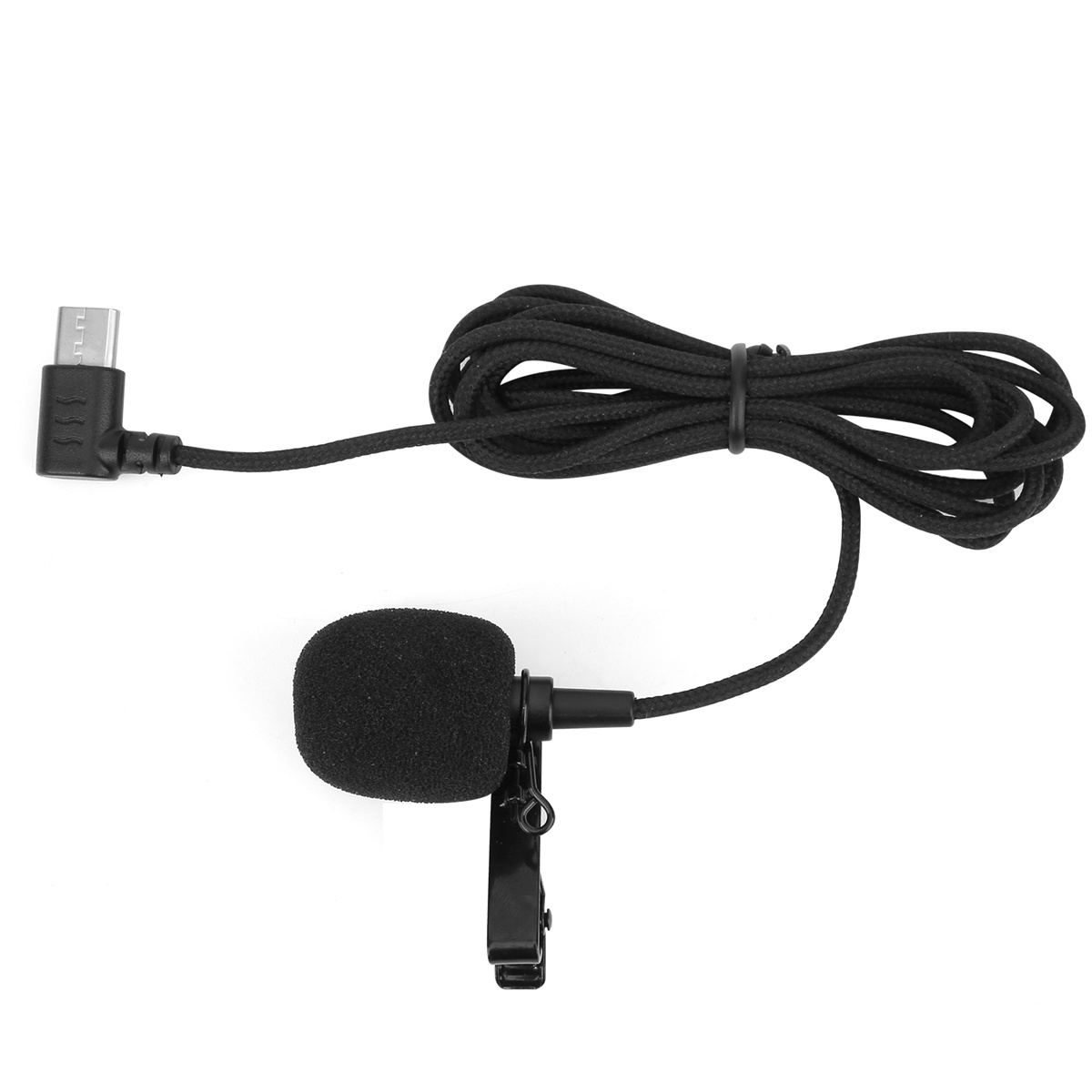 Schwarzes Lavalier-Mikrofon mit Schaumstoffabdeckung und USB-C-Anschluss. Schwarzes Kabel.