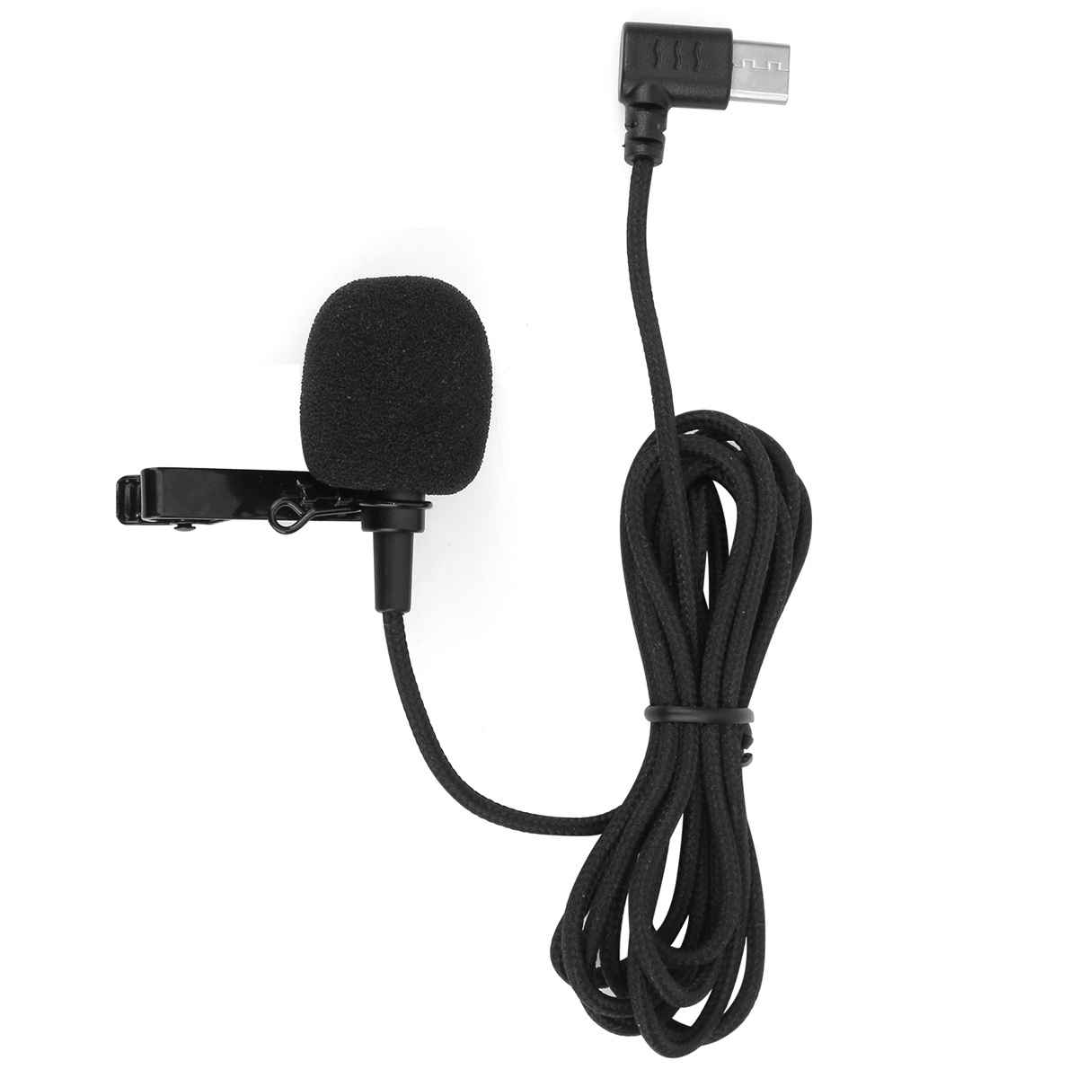 Kleines schwarzes Ansteckmikrofon mit Clip und USB-C-Anschluss. Das Kabel ist aufgerollt.