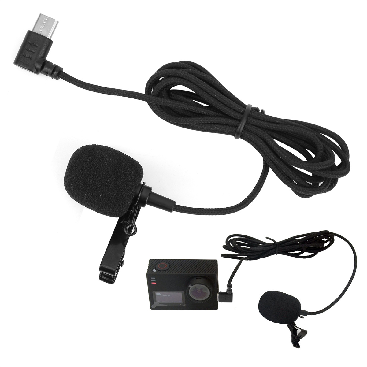 Mikrofon- und Kamera-Setup mit Kabeln und USB-Anschluss zur Aufnahme.