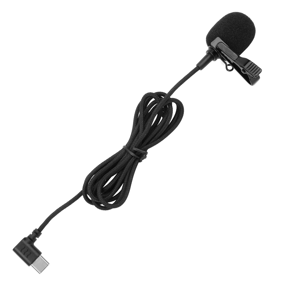 Ein schwarzes Mikrofon mit Clip und Kabel, verbunden mit einem USB-C-Anschluss, auf weißem Hintergrund.