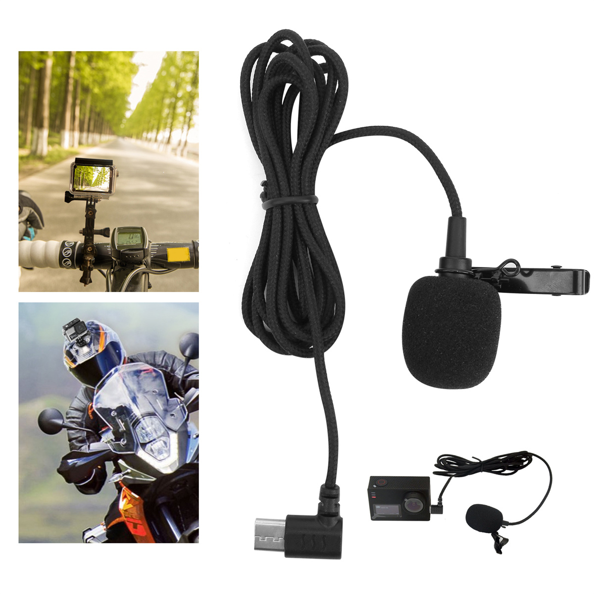Eine Reihe von Bildern, die ein Motorrad, eine Kamera und eine Mikrofonkonfiguration zeigen.