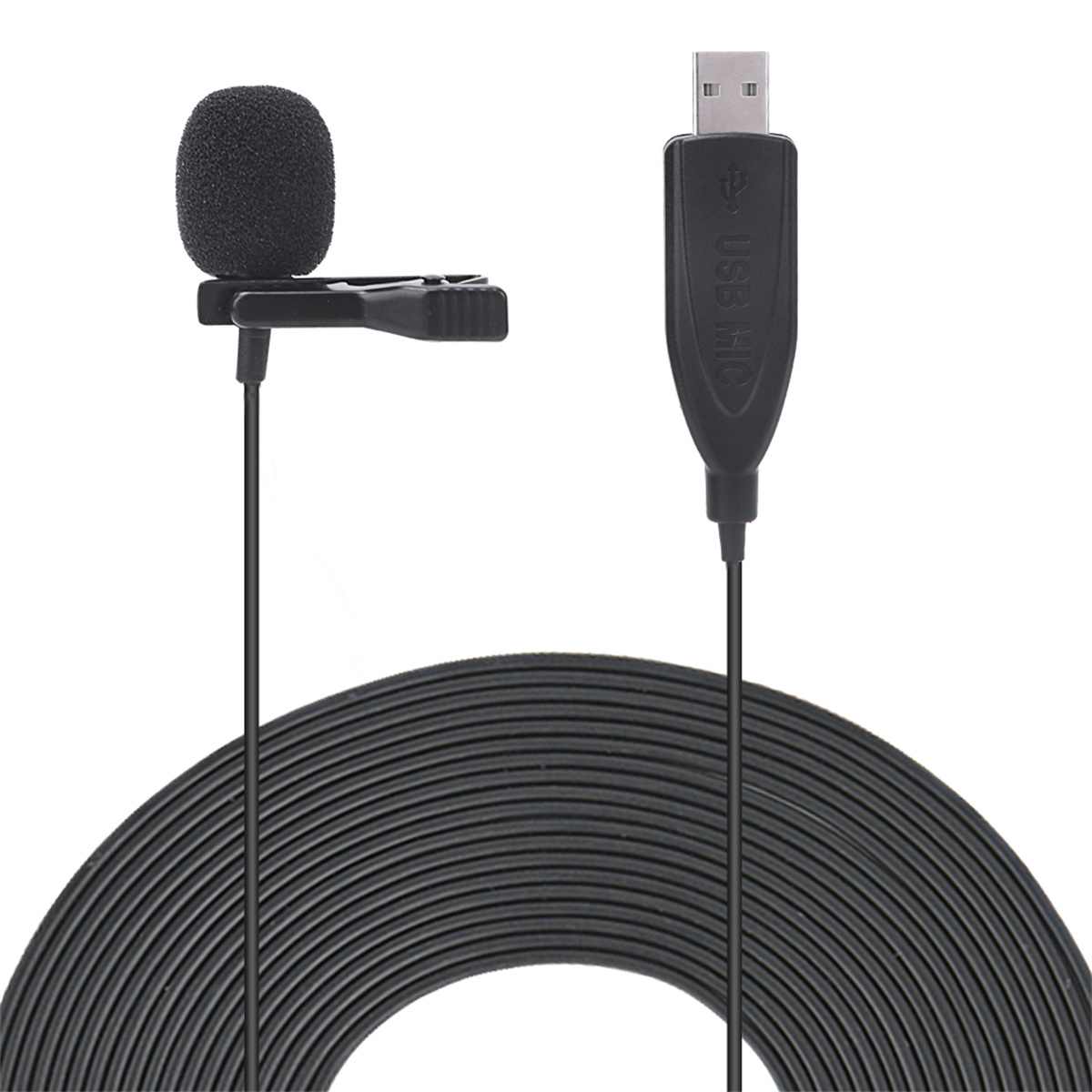 Ansteckmikrofon mit aufgerolltem schwarzem Kabel und USB-Anschluss.