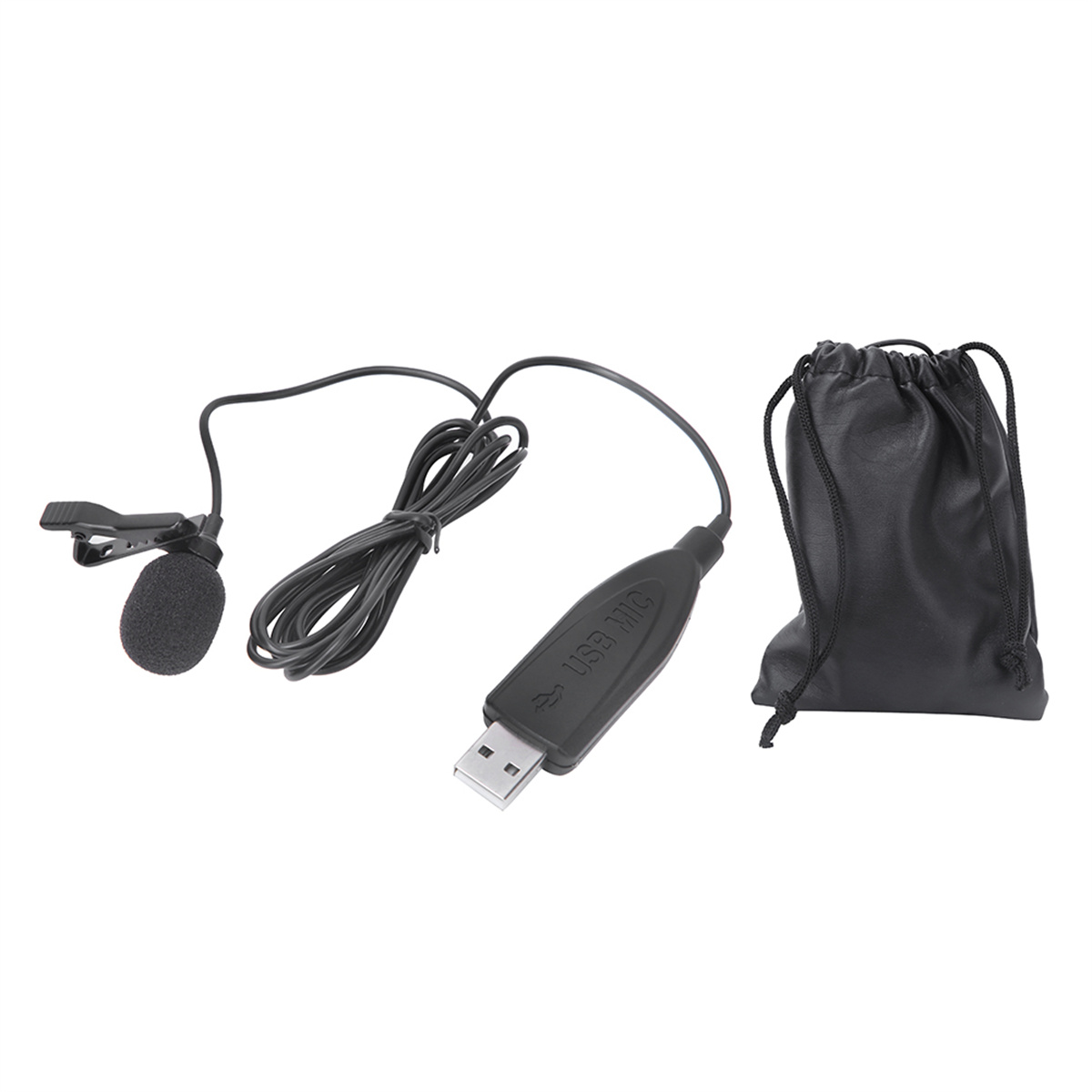USB-Mikrofon-Set mit Clip, Mikrofon und schwarzem Beutel. Weißer Hintergrund.