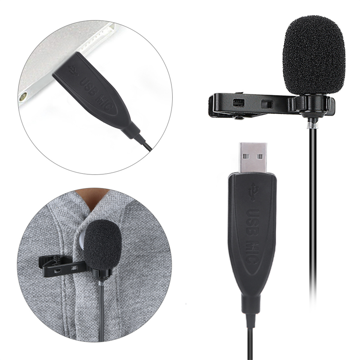 USB-Mikrofon-Set mit Clip und Schaumstoffabdeckung. Das USB-Kabel ist befestigt.