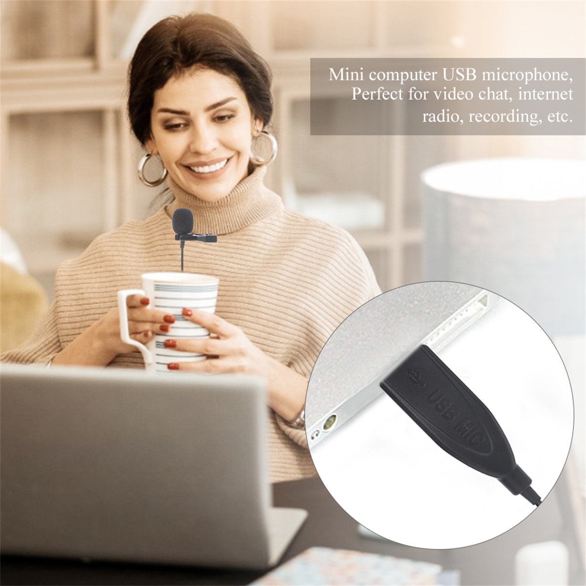Frau benutzt USB-Mikrofon für Videoanruf, hält eine Tasse.