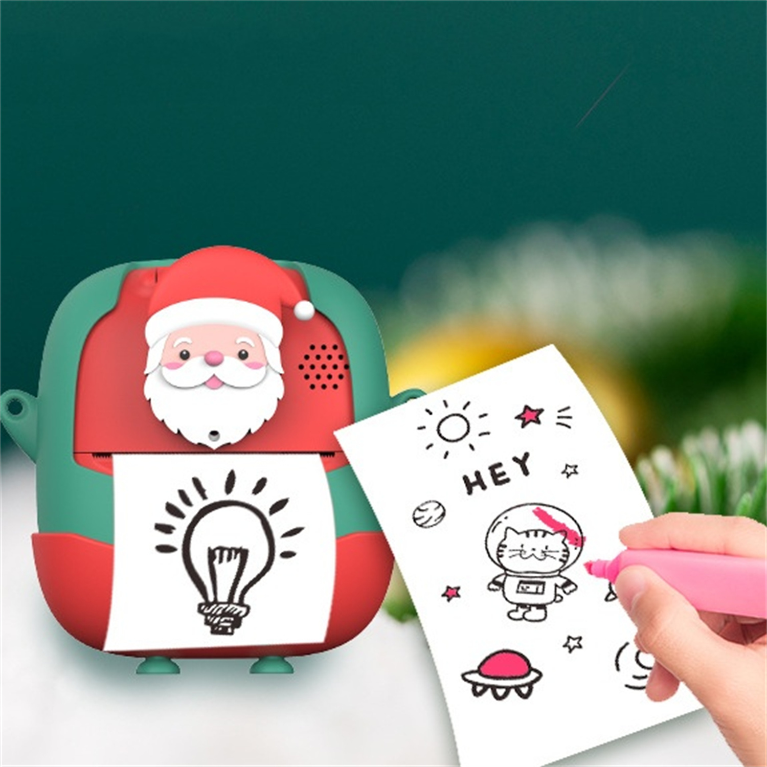 Ein Drucker mit Weihnachtsmann druckt eine Zeichnung einer Astronautenkatze.
