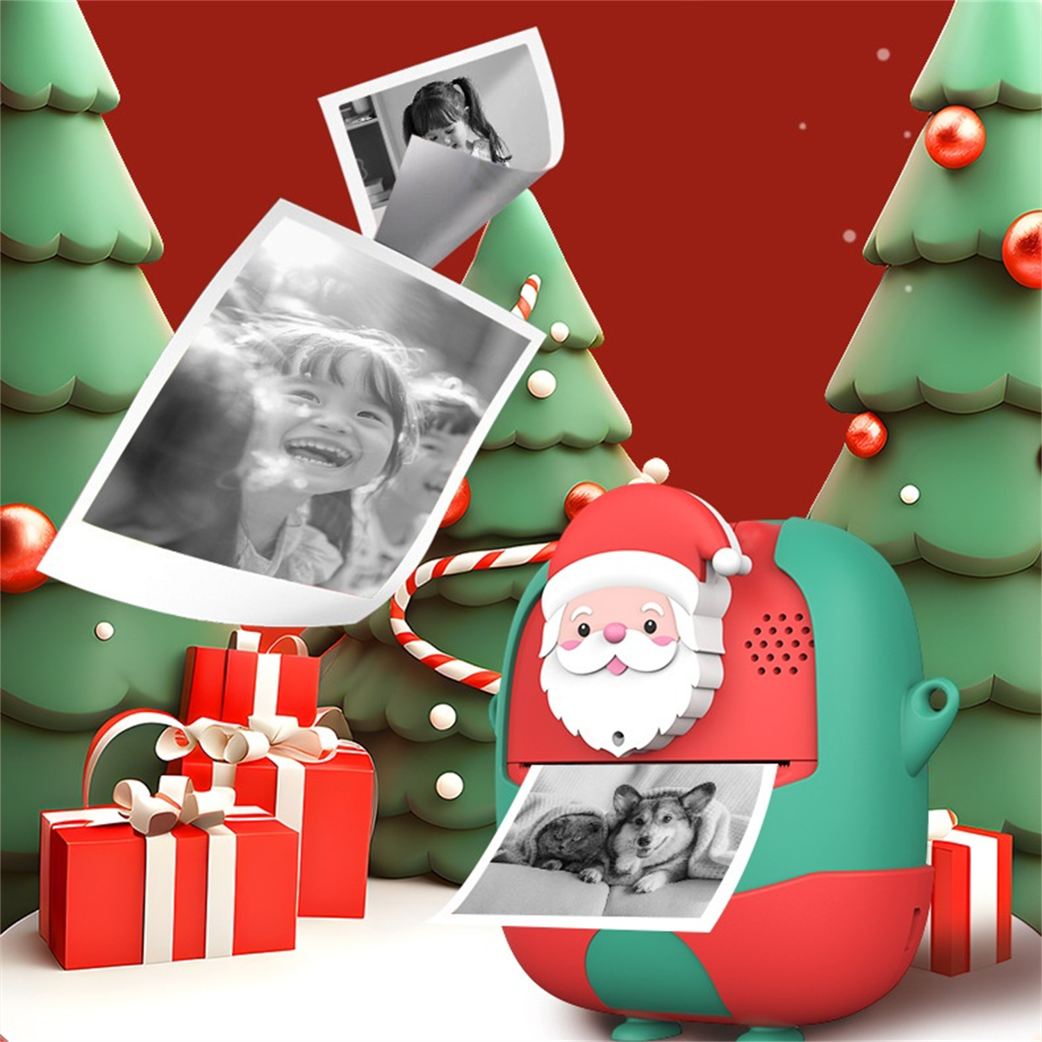 Weihnachtliches Fotodrucker mit Fotos. Weihnachtsmann-förmiger Drucker mit ausgedruckten Fotos und Geschenken.
