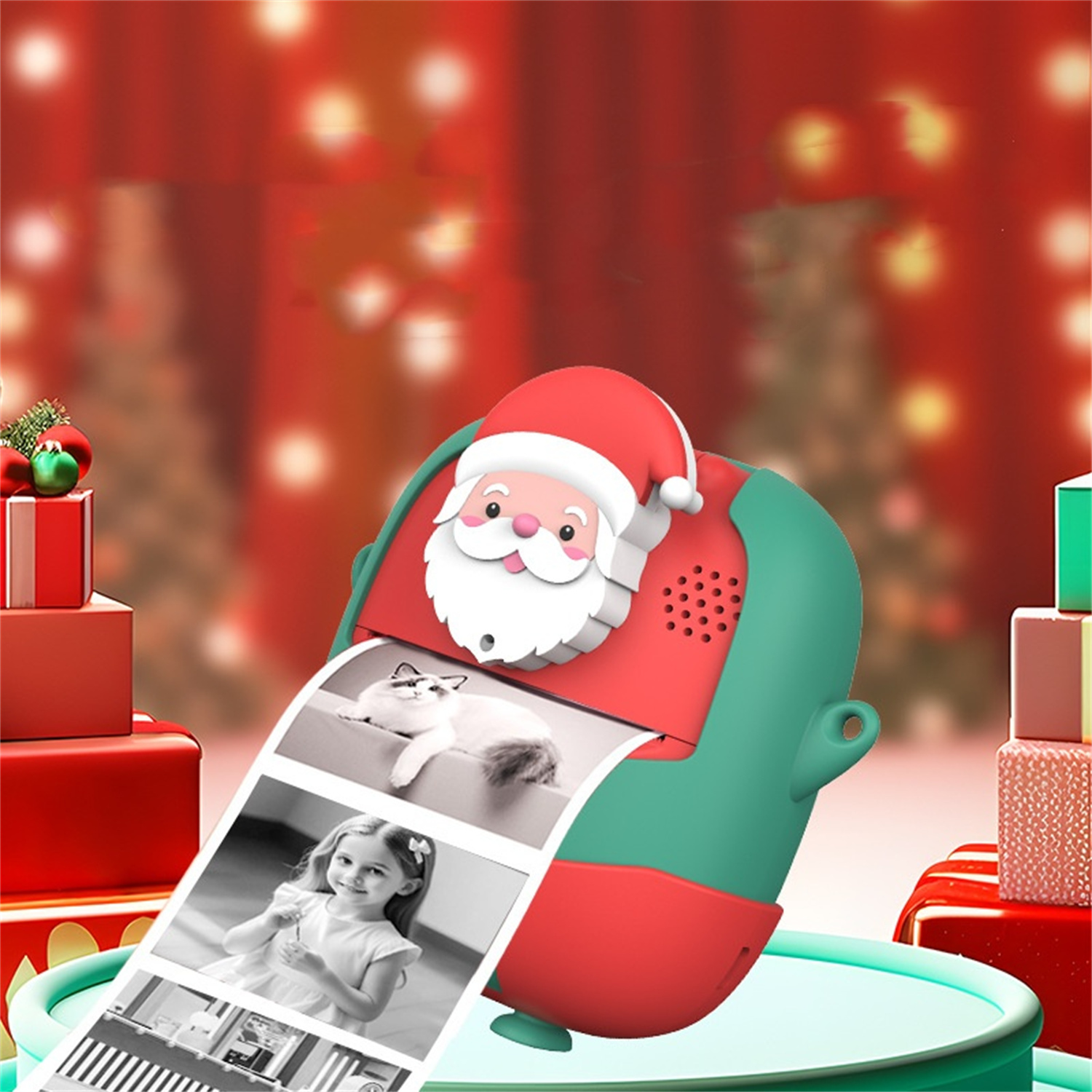 Weihnachtliches Spielzeugdrucker mit Weihnachtsmann, druckt Fotos von Katze und Mädchen.