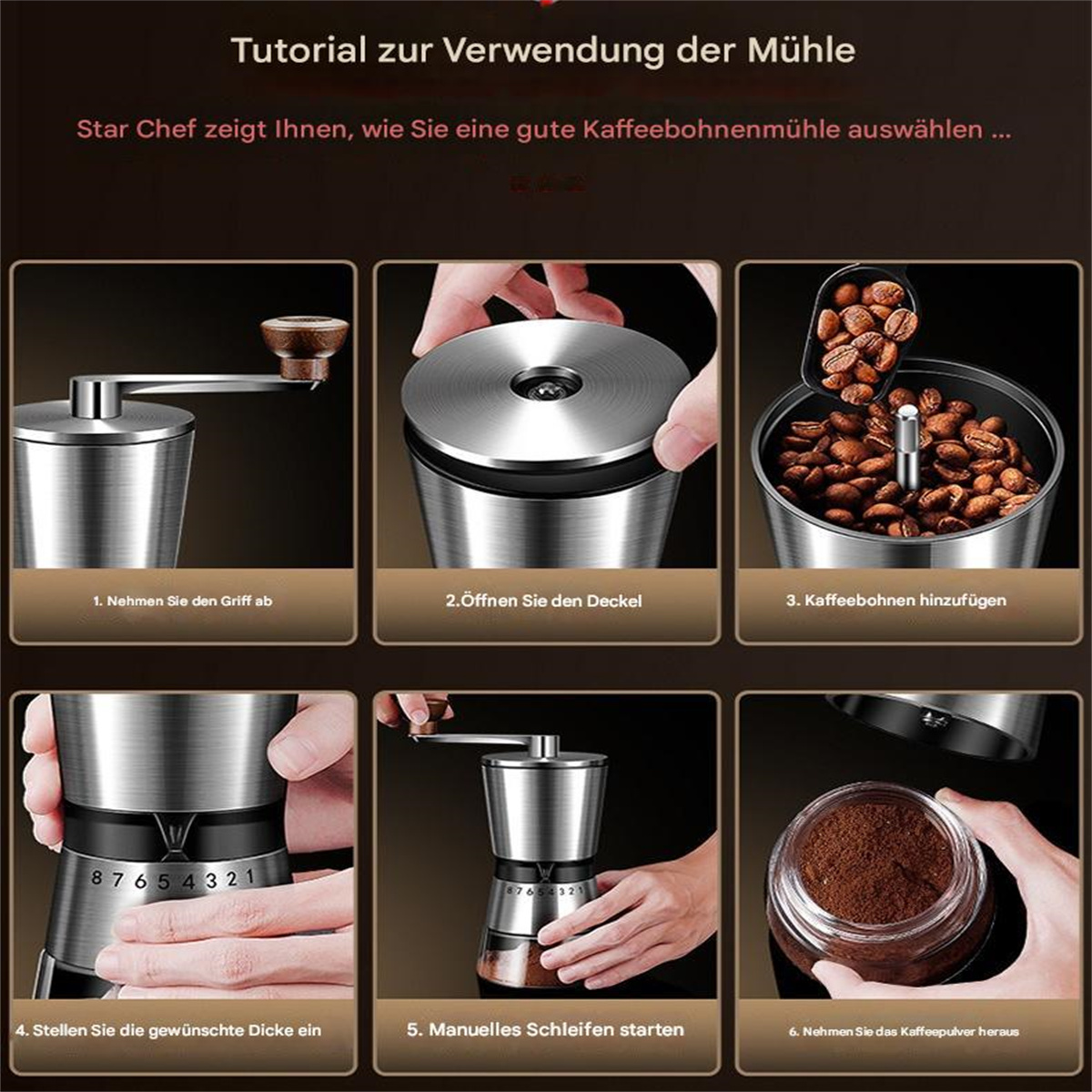 Ein Tutorial zeigt eine zerlegte Kaffeemühle und Schritte zur Verwendung. Text auf Deutsch.