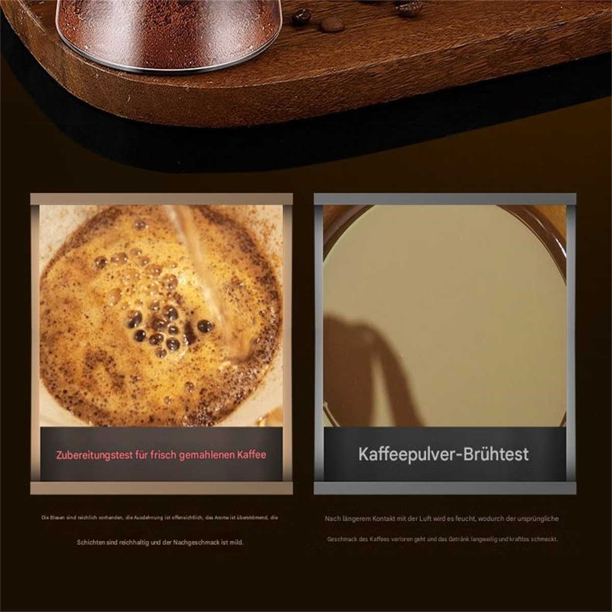 Nahaufnahmen, die die Kaffeezubereitung zeigen; eine mit Kaffeesatz, die andere eine hellfarbige Flüssigkeit.
