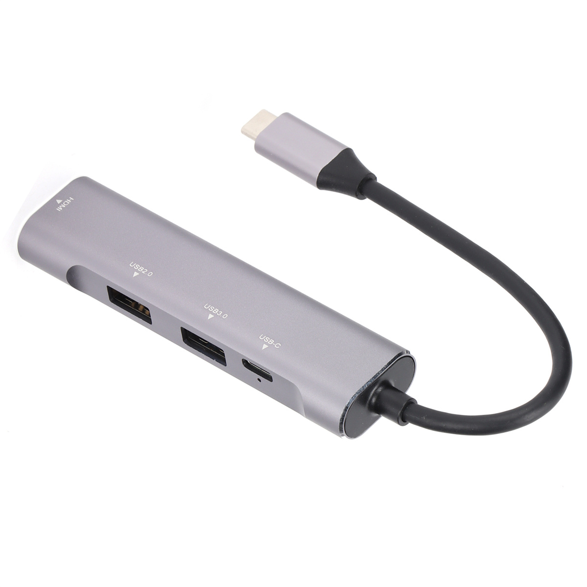 Silberner USB-Hub mit HDMI-, USB 2.0-, USB 3.0- und USB-C-Anschlüssen. Schwarzes Kabel angeschlossen.