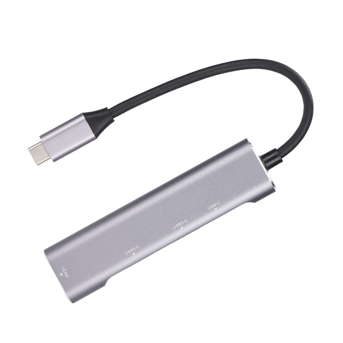 Silberner USB-C-Hub mit USB 3.0, USB-C und HDMI-Anschlüssen. Schwarzes Kabel.