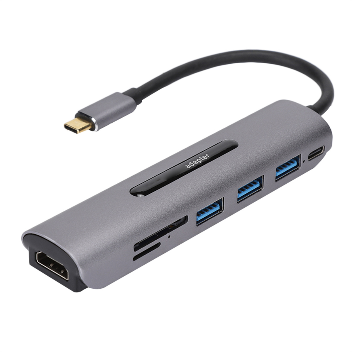 Ein grauer USB-Hub-Adapter mit mehreren Anschlüssen und einem schwarzen Kabel auf weißem Untergrund. Der Adapter trägt 'adapter'.