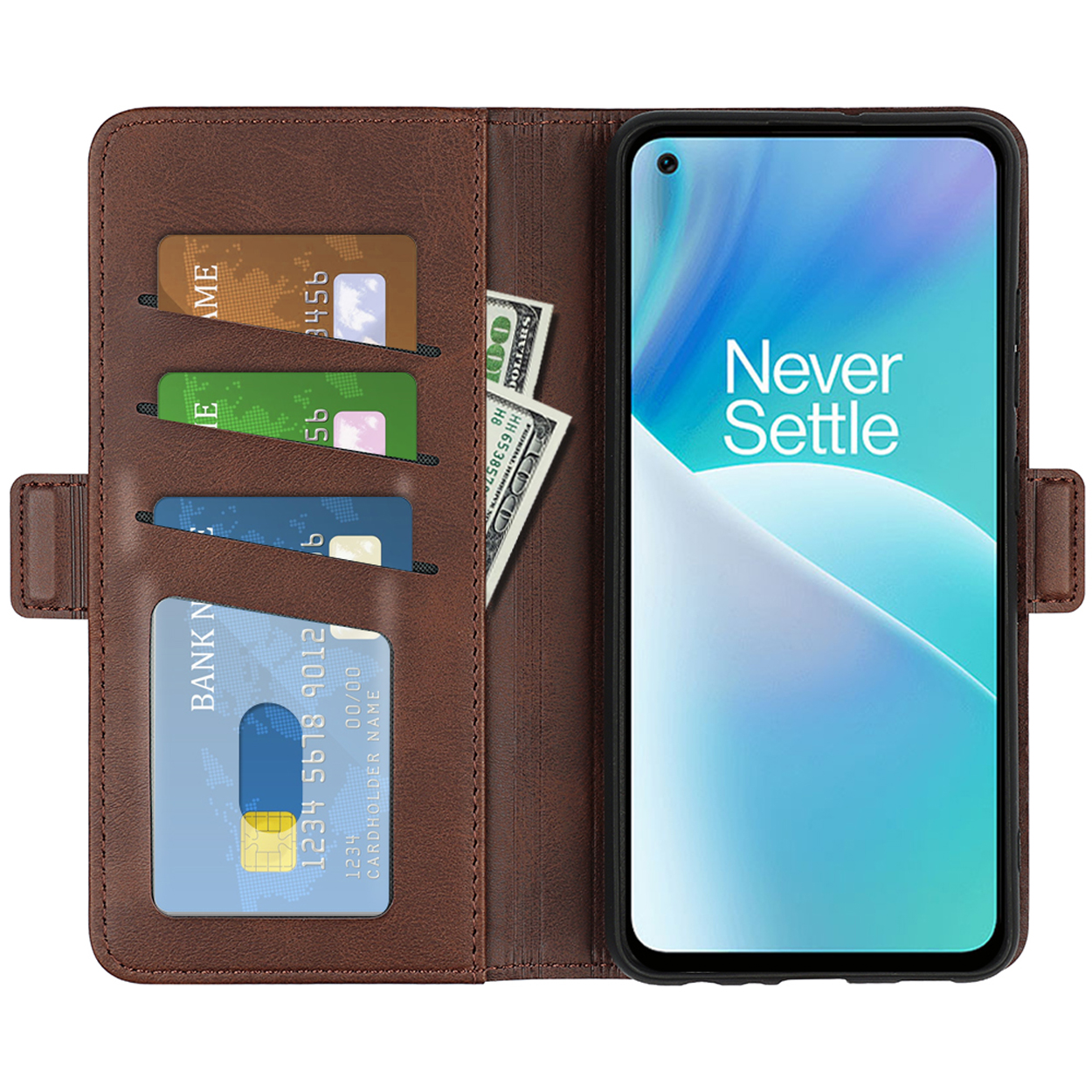 Étui de téléphone marron avec téléphone, cartes et argent. Le téléphone affiche un logo "Never Settle".