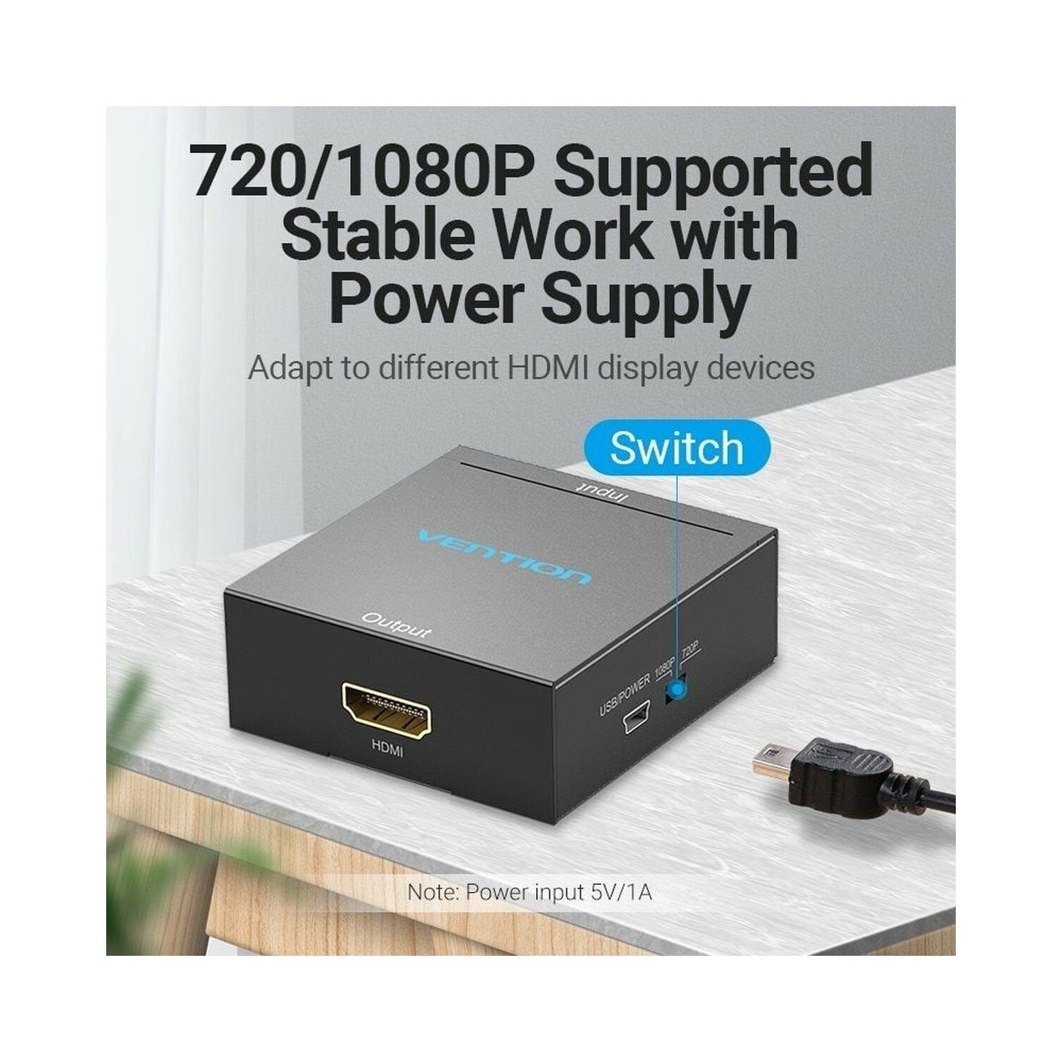 Conmutador HDMI negro con puertos HDMI, USB y alimentación. El texto indica soporte 720/1080P.