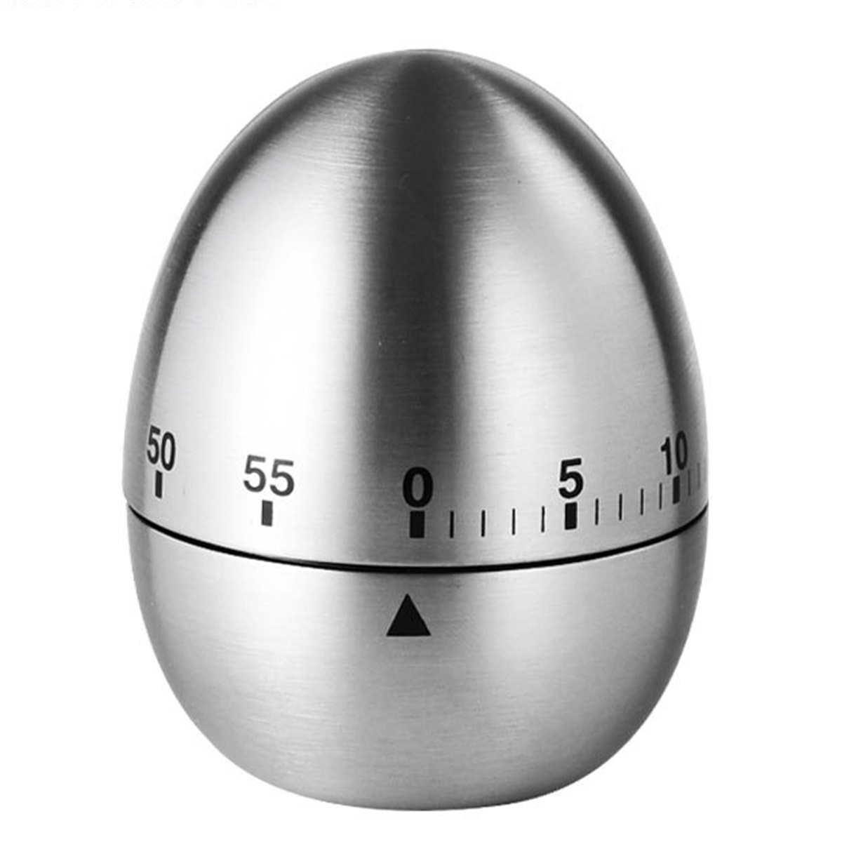 Eieruhr aus Edelstahl mit Drehknopf. Ein schwarzes Dreieck zeigt die aktuelle Position.