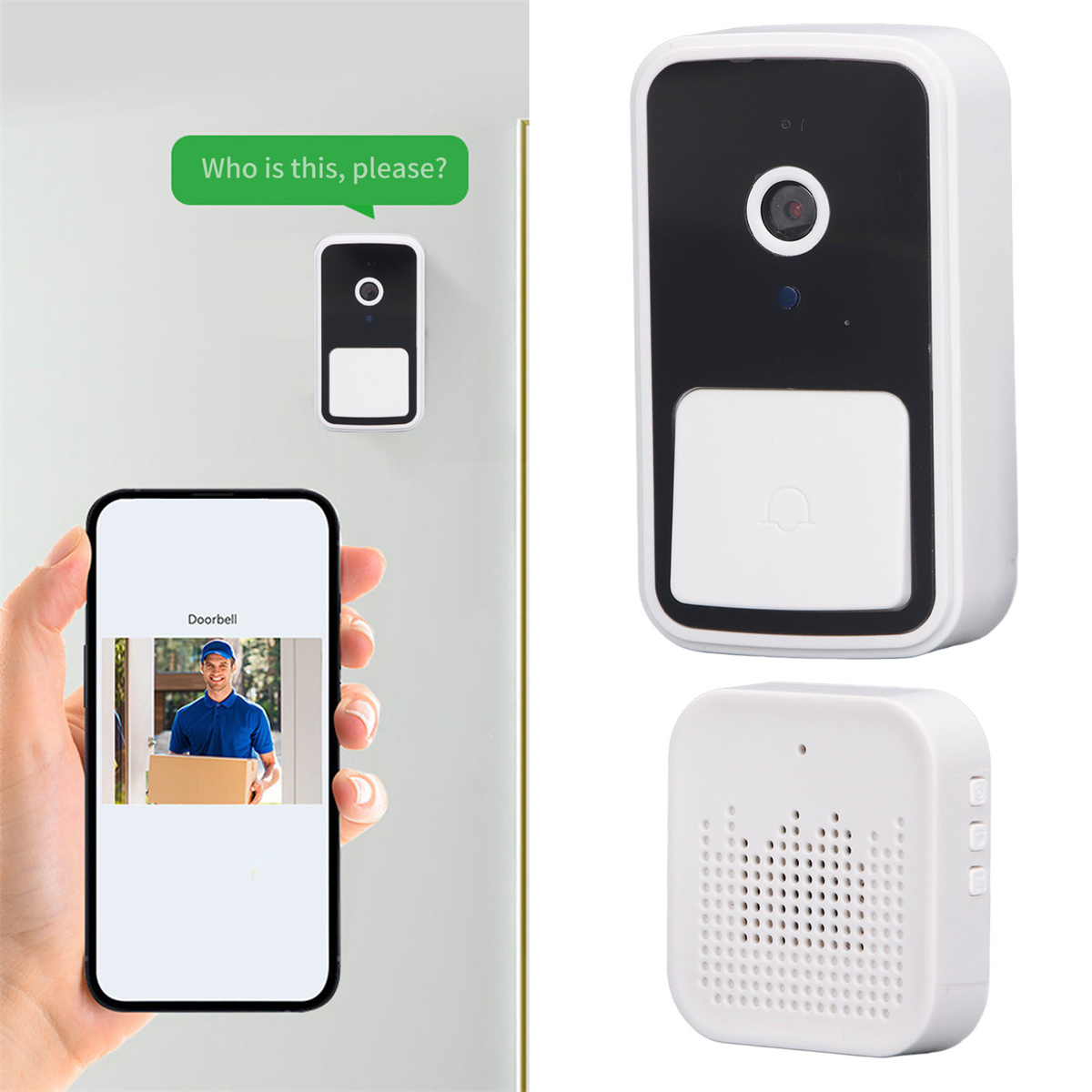 Eine Person hält ein Telefon mit einem Türklingelbild, und eine Türklingel mit Kamera. Es gibt eine Sprechblase.