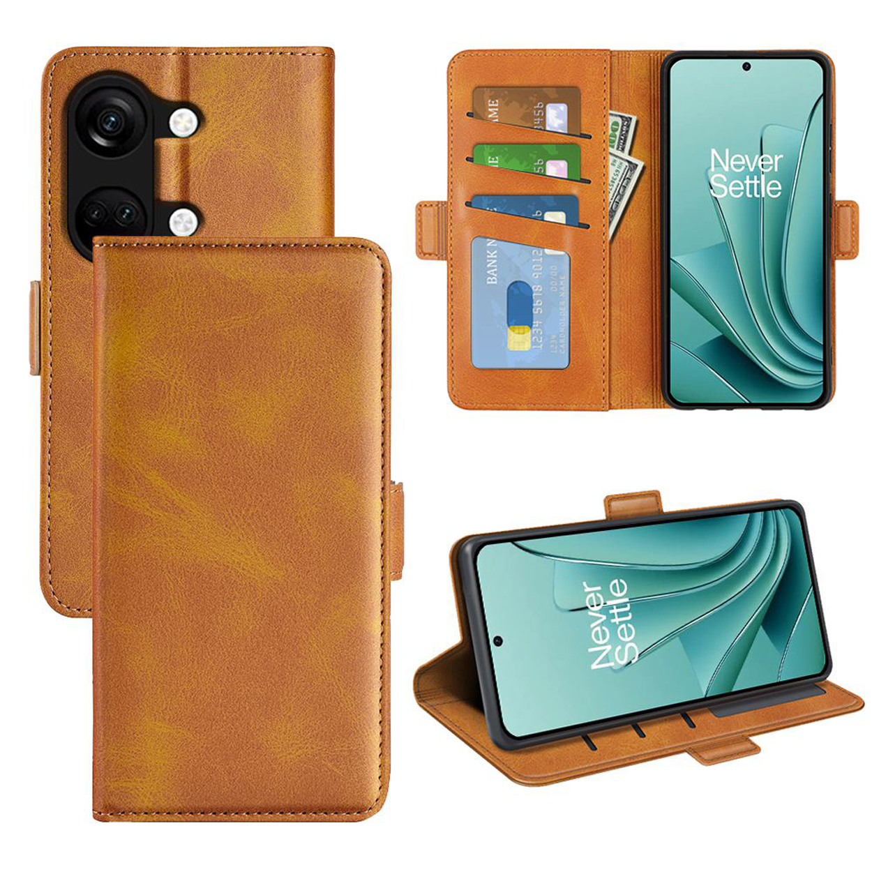 Étui de téléphone en cuir marron avec un téléphone à l'intérieur. Le téléphone montre un motif.