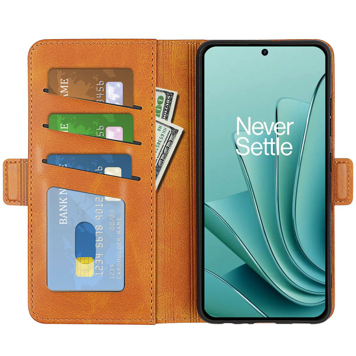 Étui de téléphone marron avec plusieurs emplacements pour cartes et une fente pour l'argent. Un smartphone est à l'intérieur.