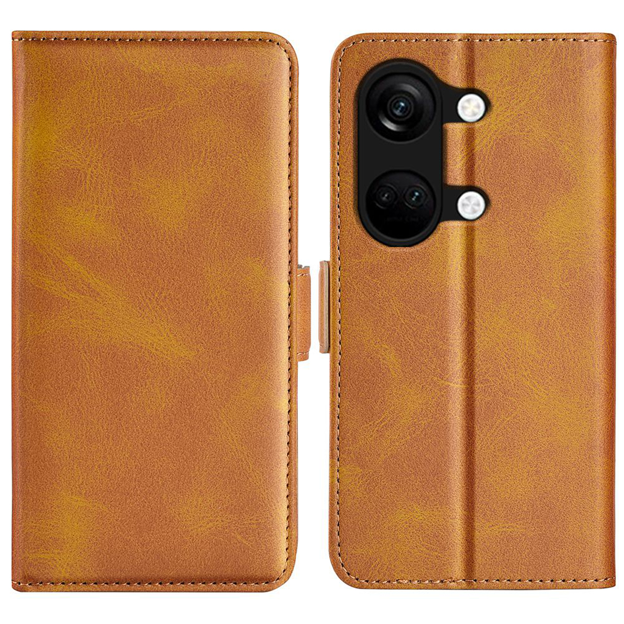 Étui de téléphone en cuir marron fermé et ouvert avec un téléphone à l'intérieur et un module caméra.