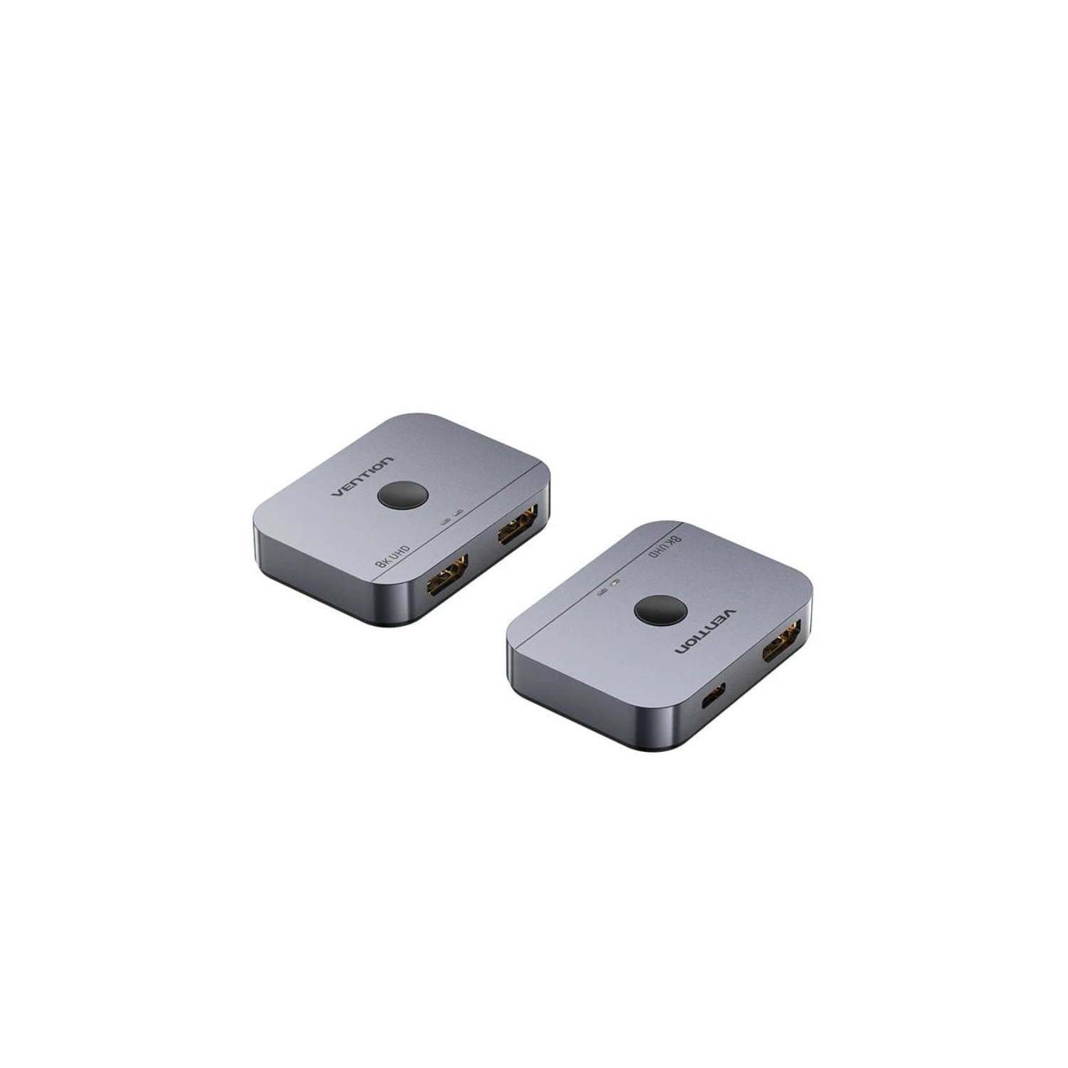 Due switch HDMI grigi. Entrambi hanno 3 porte HDMI e il marchio Vention.