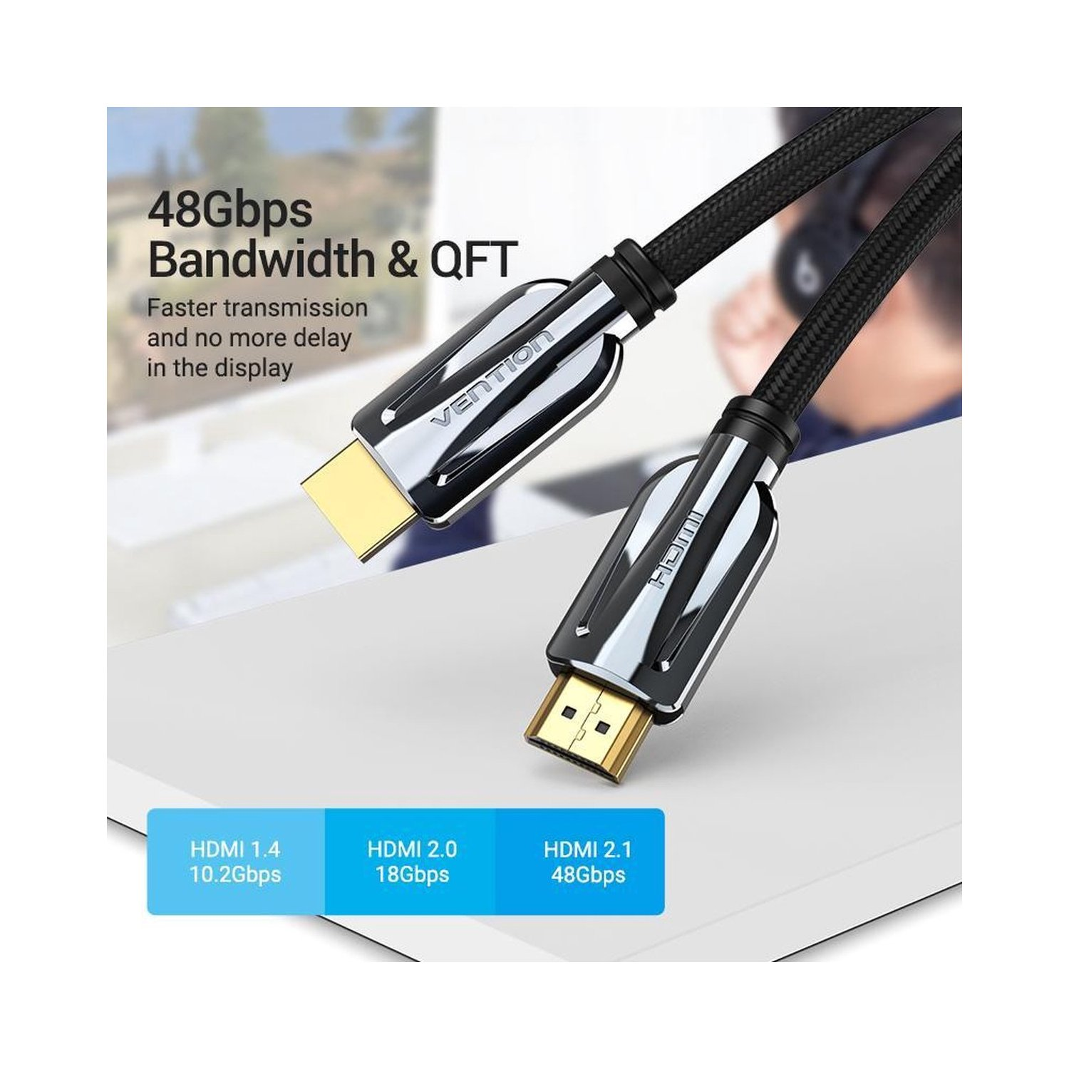 Cables HDMI negros con conectores dorados. El texto muestra información del ancho de banda y el logo Vention.