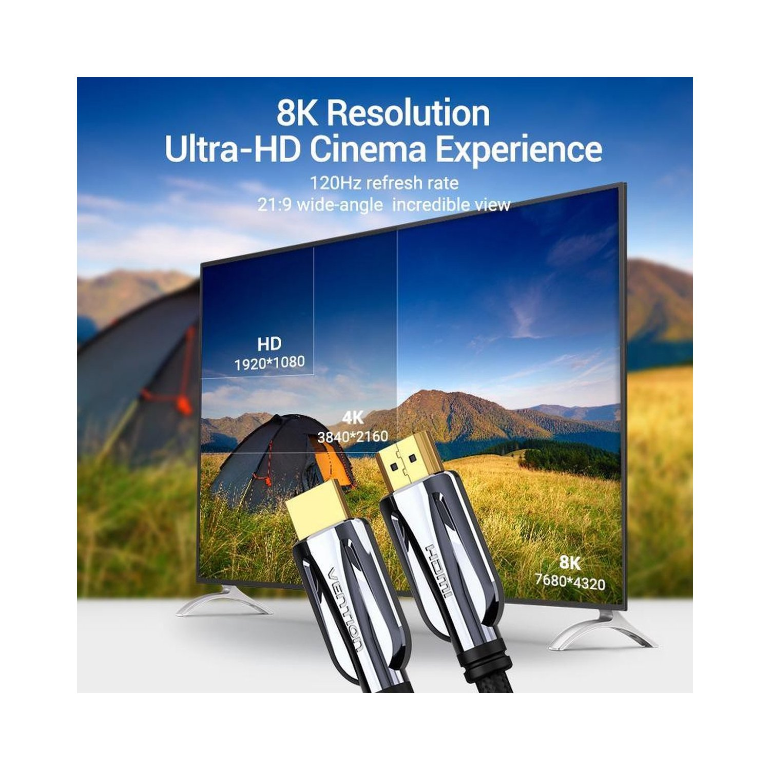 Dos cables HDMI con conectores que muestran etiquetas HD y 8K, frente a una pantalla de TV.