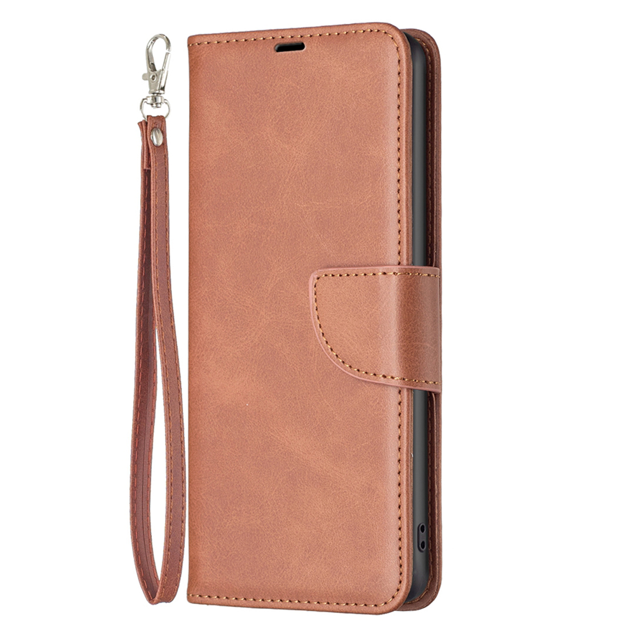 Étui de téléphone marron avec sangle, ouvert et fermé. Comporte une fermeture magnétique.