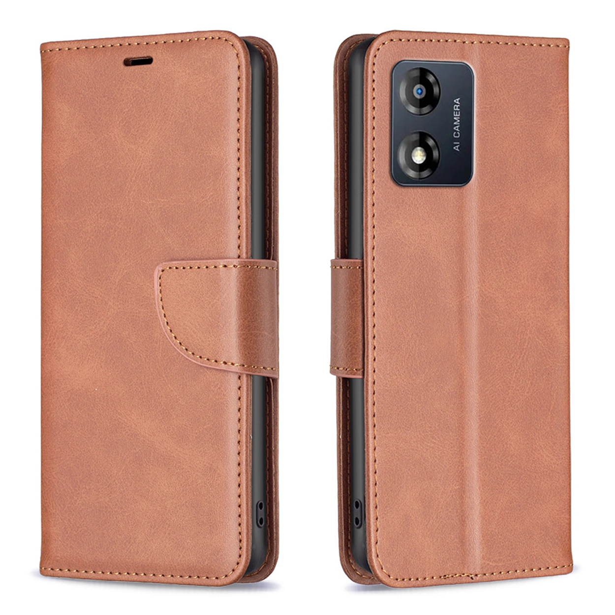 Un étui de téléphone en cuir marron, ouvert et fermé, affichant un téléphone avec une double caméra.