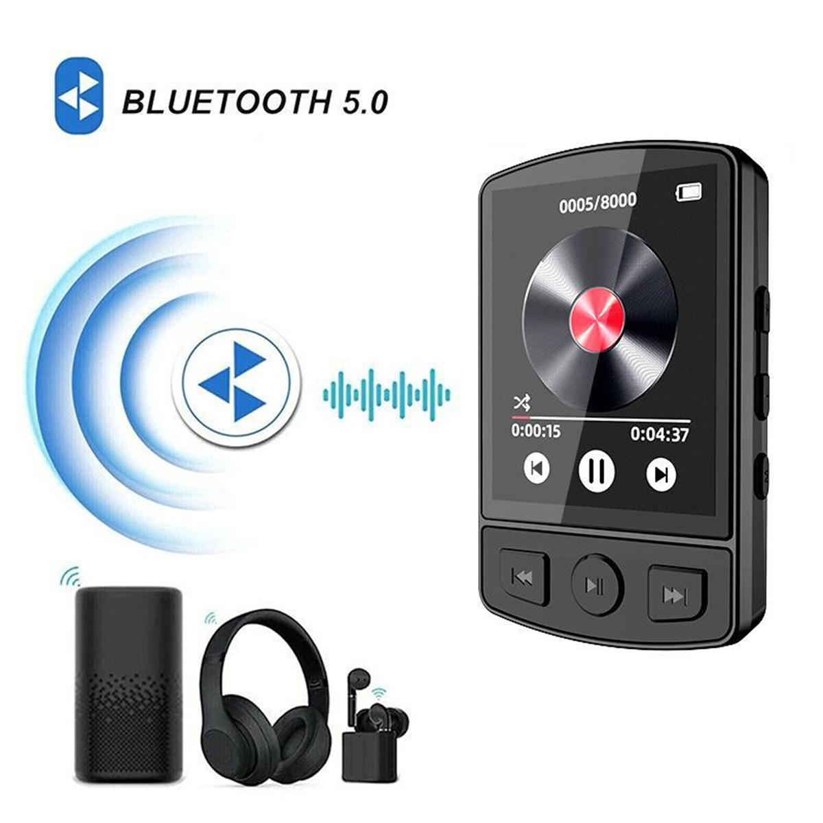 Schwarzer MP3-Player und Zubehör. Es enthält einen kleinen Lautsprecher, ein Headset und Ohrhörer.