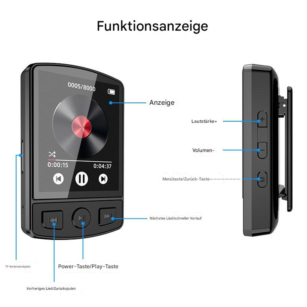 Schwarzer MP3-Player mit Bedienelementen. Anzeige zeigt Zeit, mit Seitenleiste.