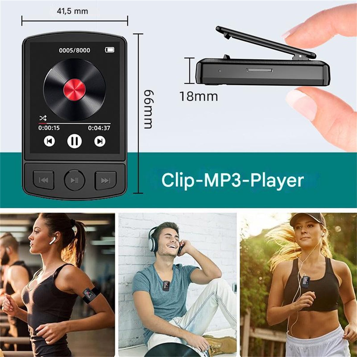 Clip-MP3-Player mit Bildschirm, der Musikinformationen anzeigt, mit Bildern von Personen, die ihn beim Laufen benutzen.