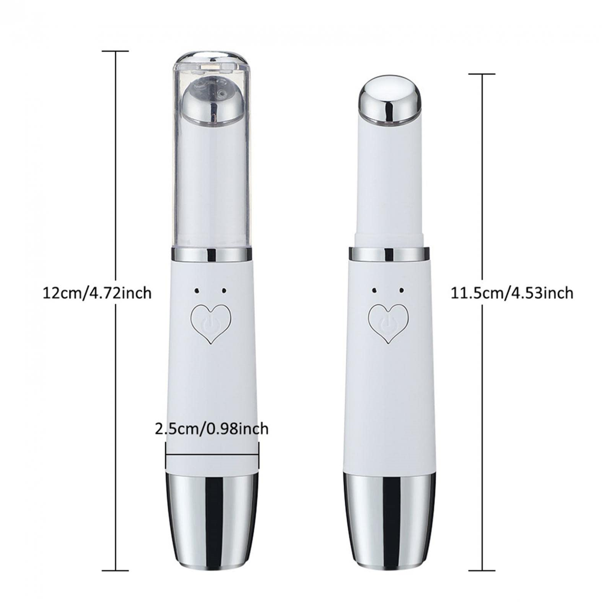 Zwei weiße Augenmassager, mit silbernen Akzenten. Abmessungen sind beschriftet. Isoliert auf weiß.