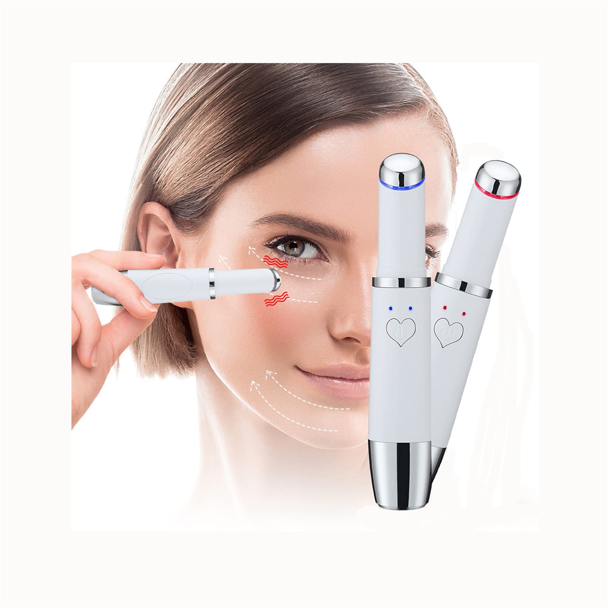 Eine Frau mit zwei weißen Gesichtsmassagegeräten. Eines auf ihrem Auge und das andere an ihrem Gesicht.