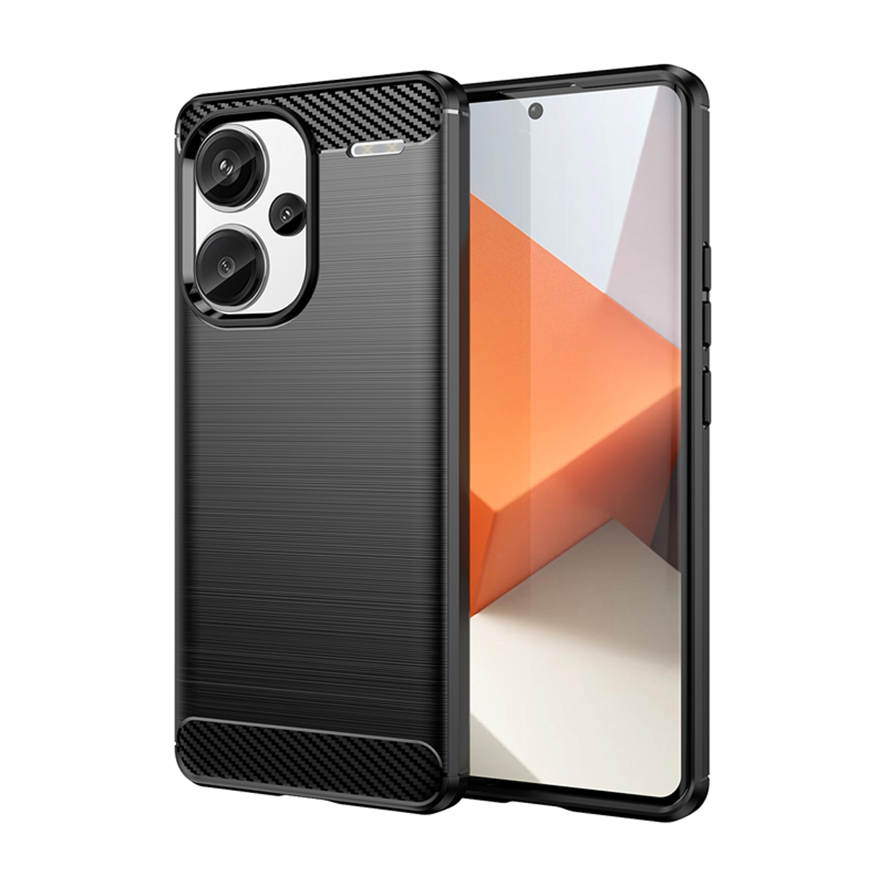 Zwarte telefoonhoes met een carbon fiber look en drie camera-uitsparingen. Er zit een smartphone in.