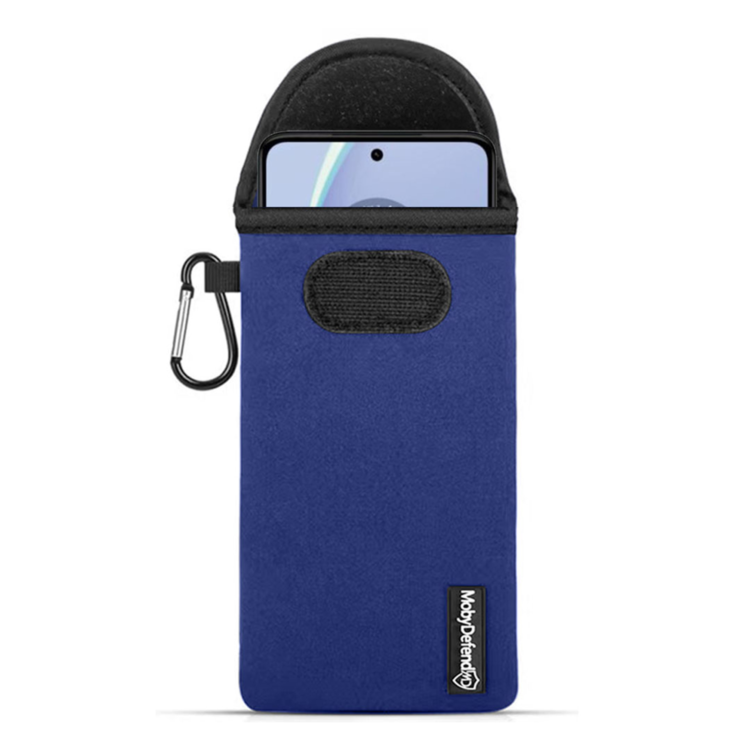 Blauwe telefoonhoes met zwart bovenstuk, open. Een telefoon is zichtbaar, met karabijnhaak.