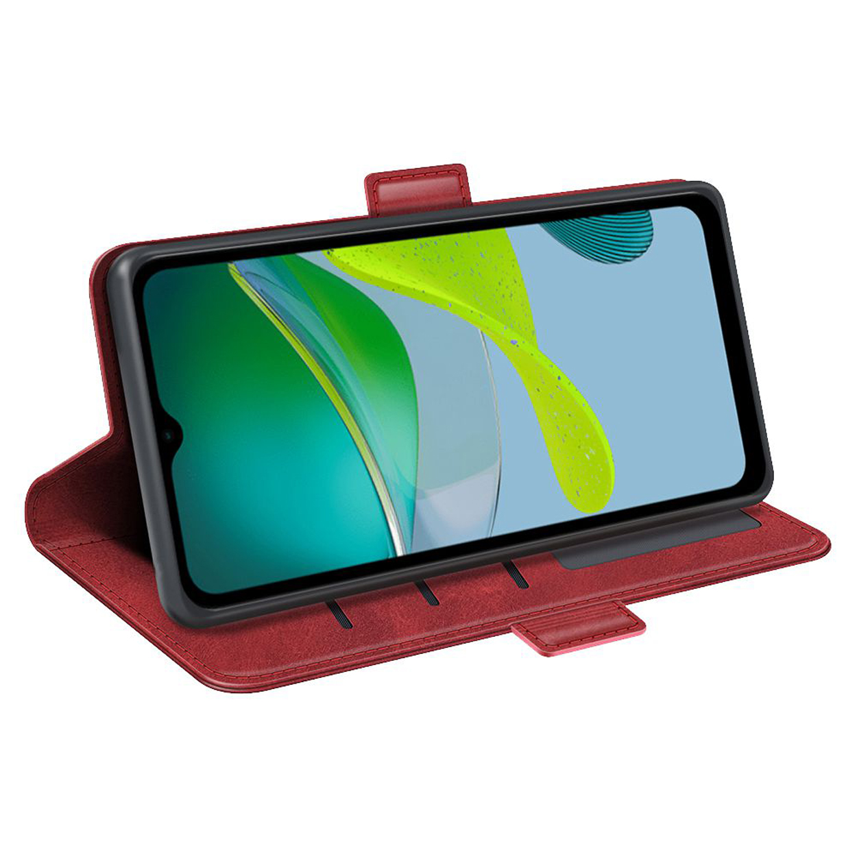 Een rode telefoonhoes, open. Telefoon binnenin toont een abstract ontwerp. Witte achtergrond.