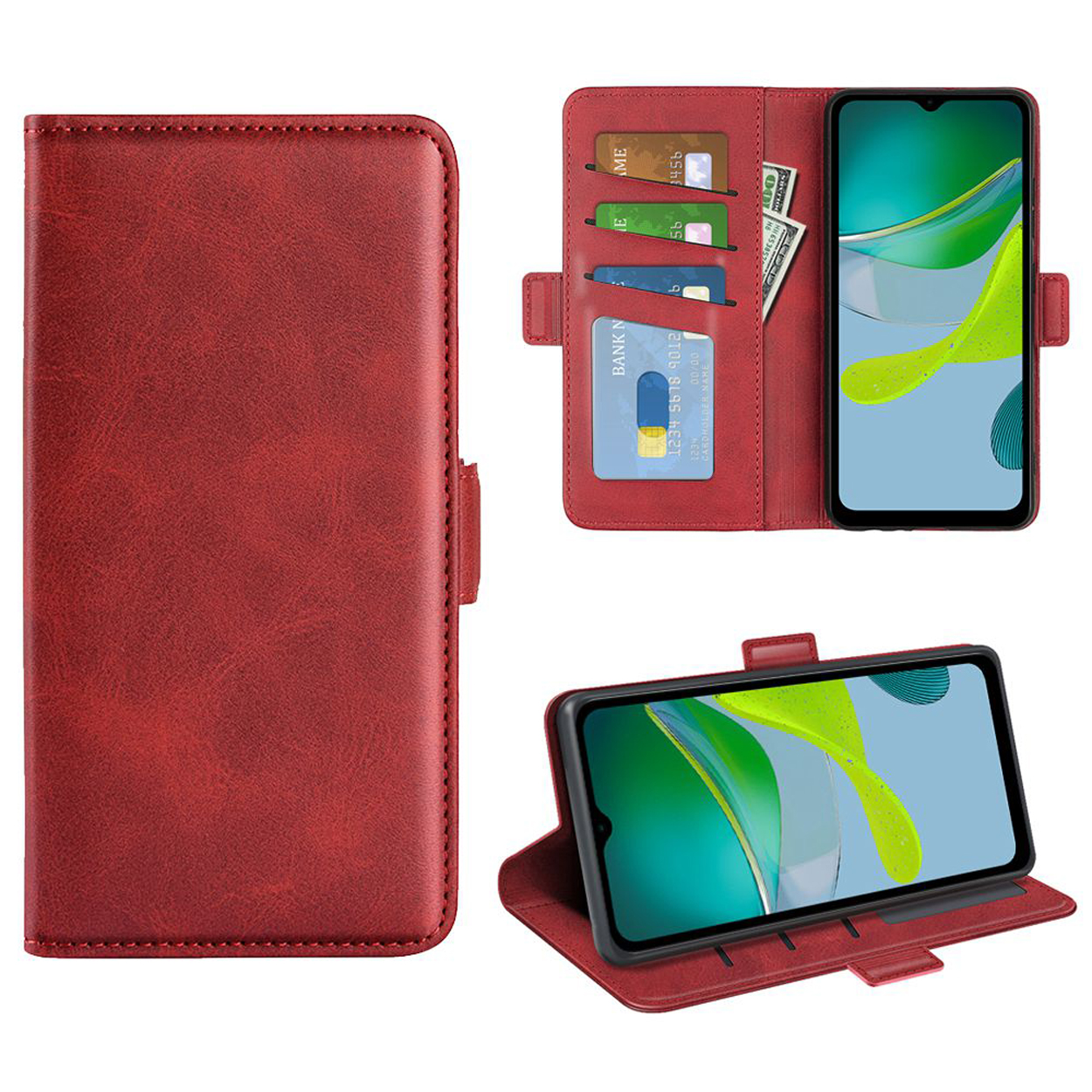 Open rode telefoonhoes met kaarten en telefoon. Twee weergaven, een gesloten, een open. Rood leer.