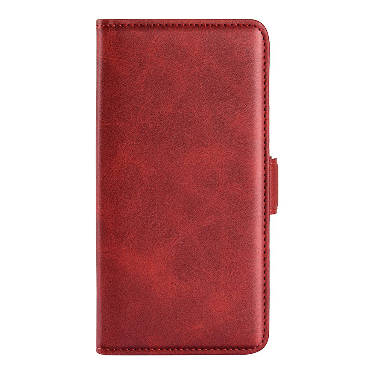 Rode leren telefoonhoes, gesloten. Getextureerd, met stiksels en magnetische sluiting.