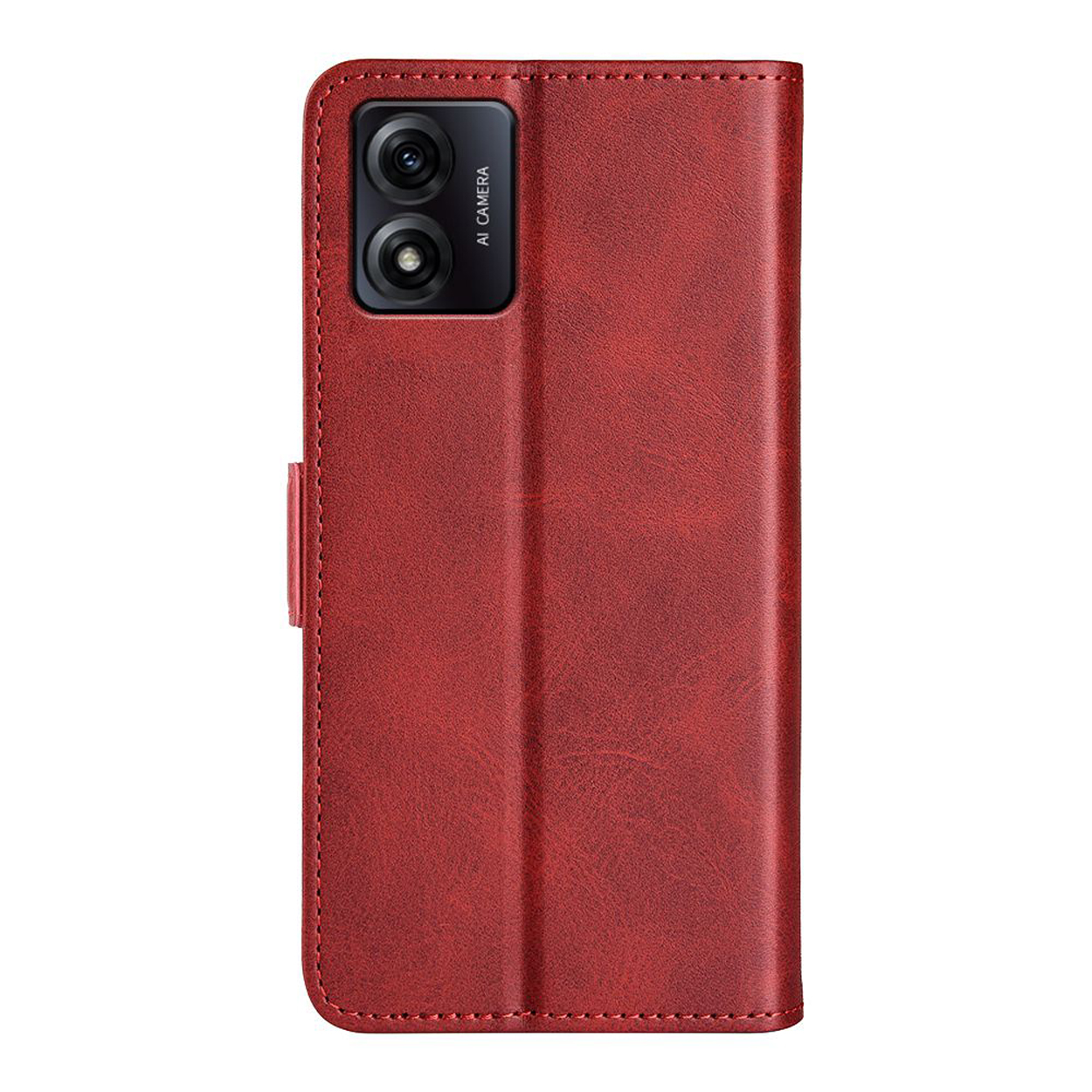Rode leren telefoonhoes met telefoon en camera zichtbaar.