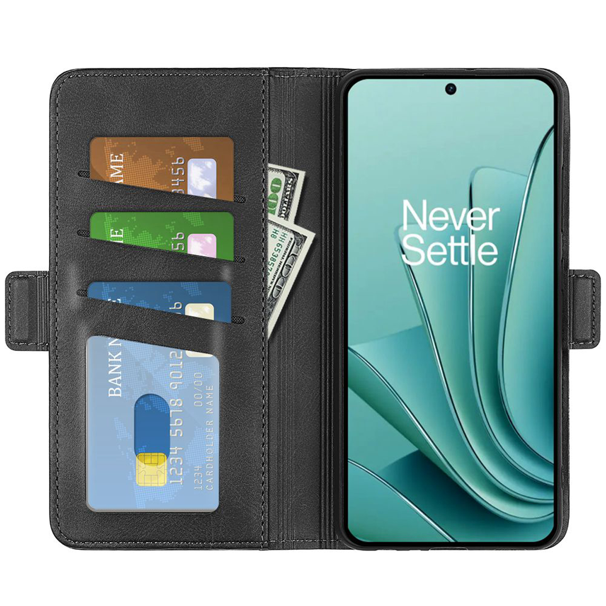 Étui de téléphone noir ouvert. À l'intérieur, un téléphone, des cartes et de l'argent sont visibles.