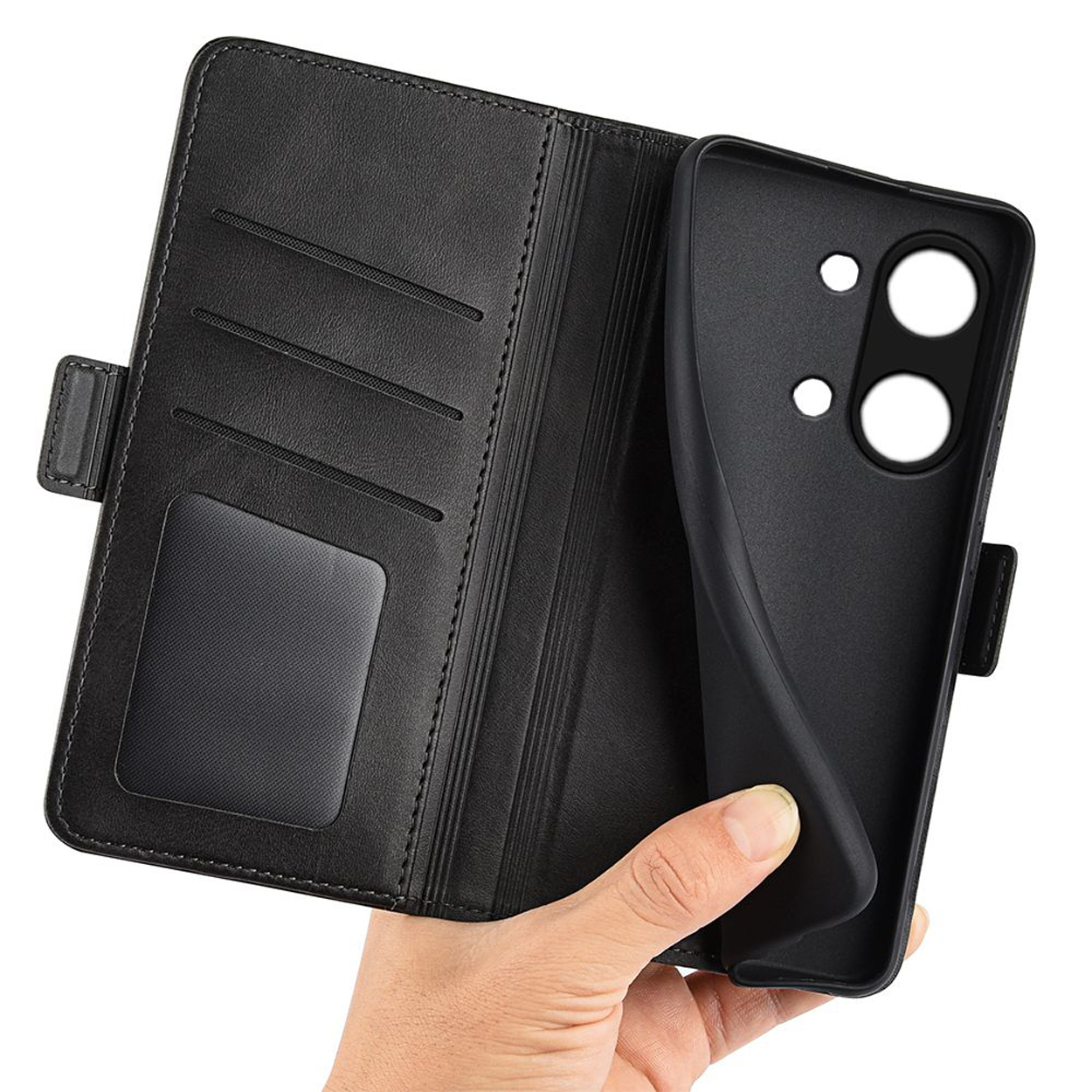 Un étui de téléphone noir avec un design de portefeuille, ouvert pour révéler des fentes pour cartes et un support.