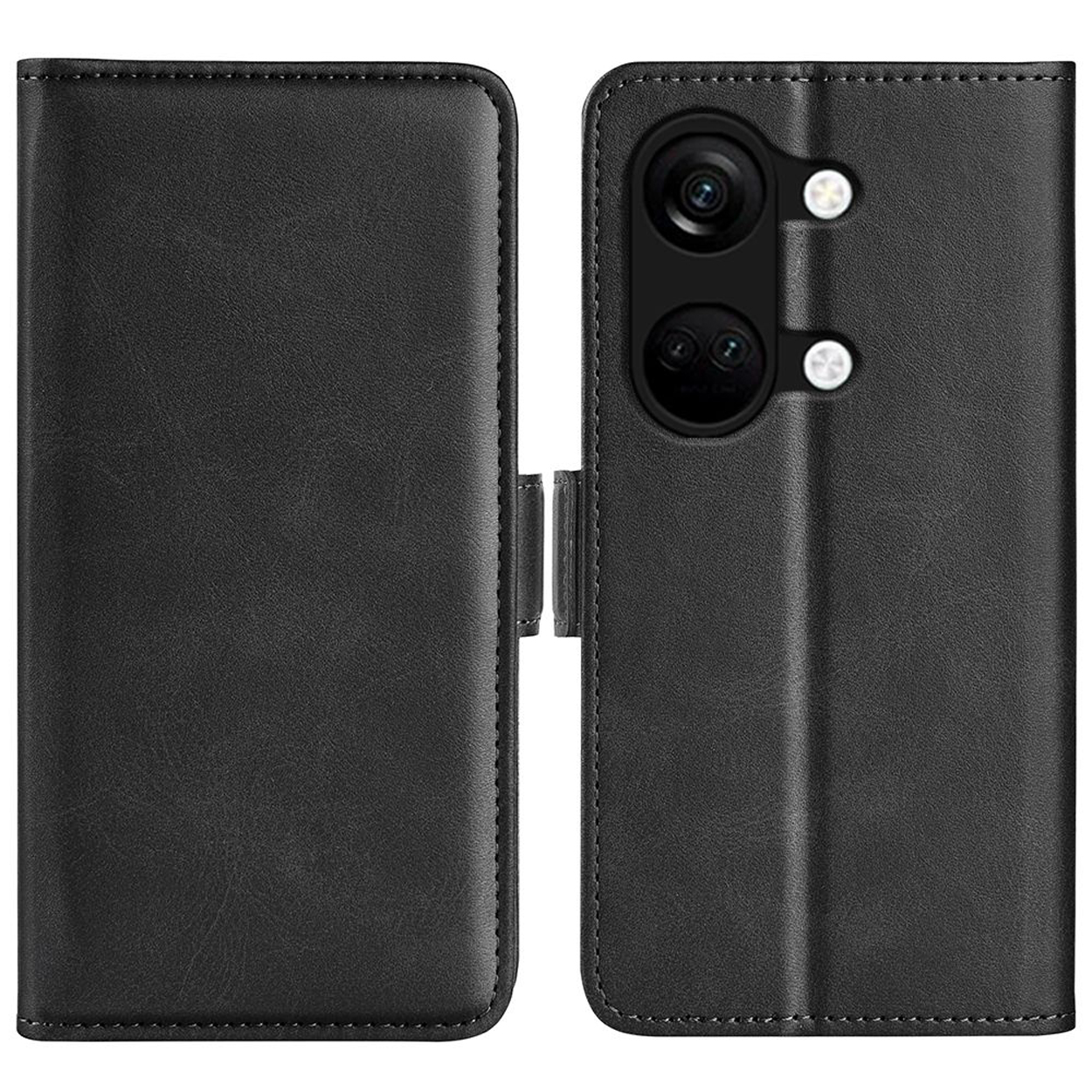 Étui en cuir noir fermé et ouvert, avec le téléphone visible à l'intérieur et un module caméra.