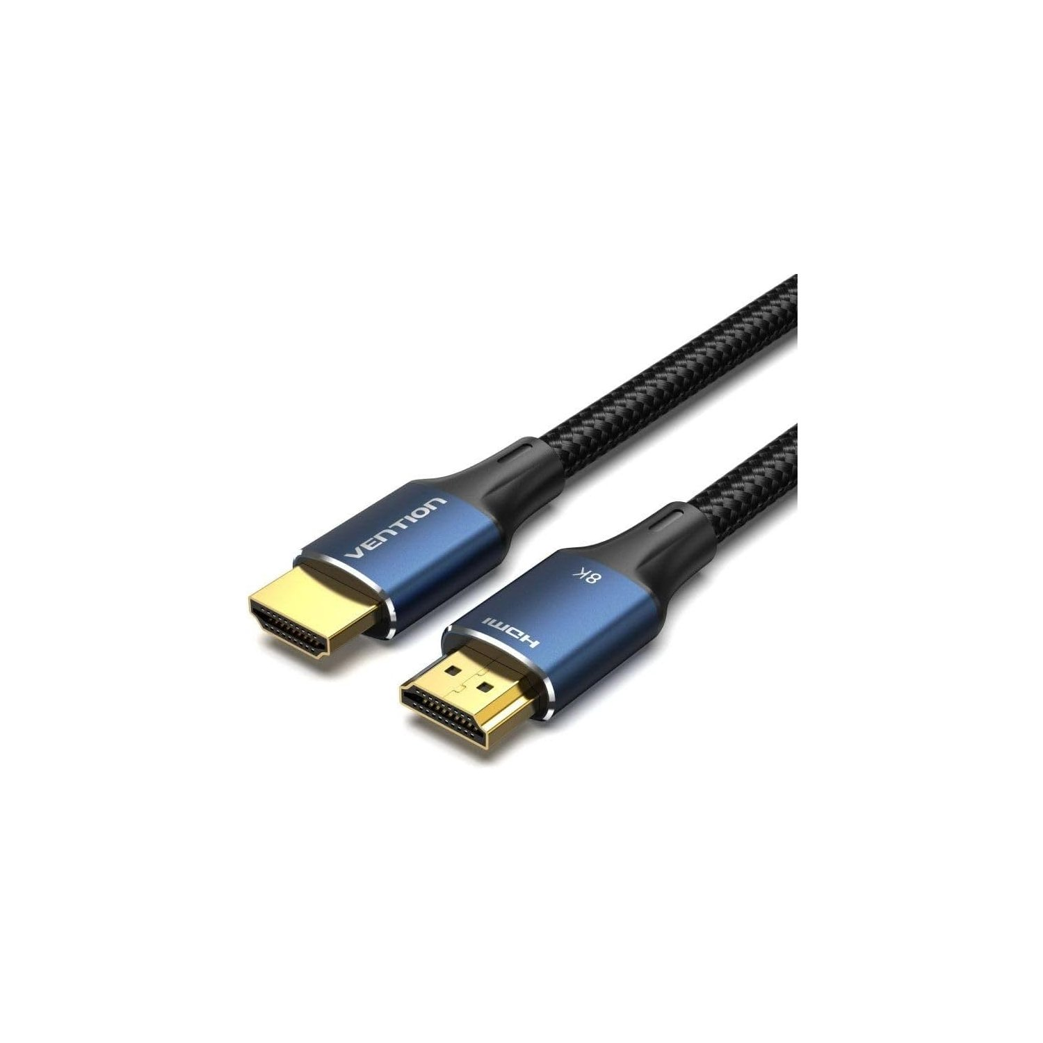 Due cavi HDMI. Un'estremità è dorata, l'altra blu con 'Vention' e '8K' stampati. Sfondo bianco.