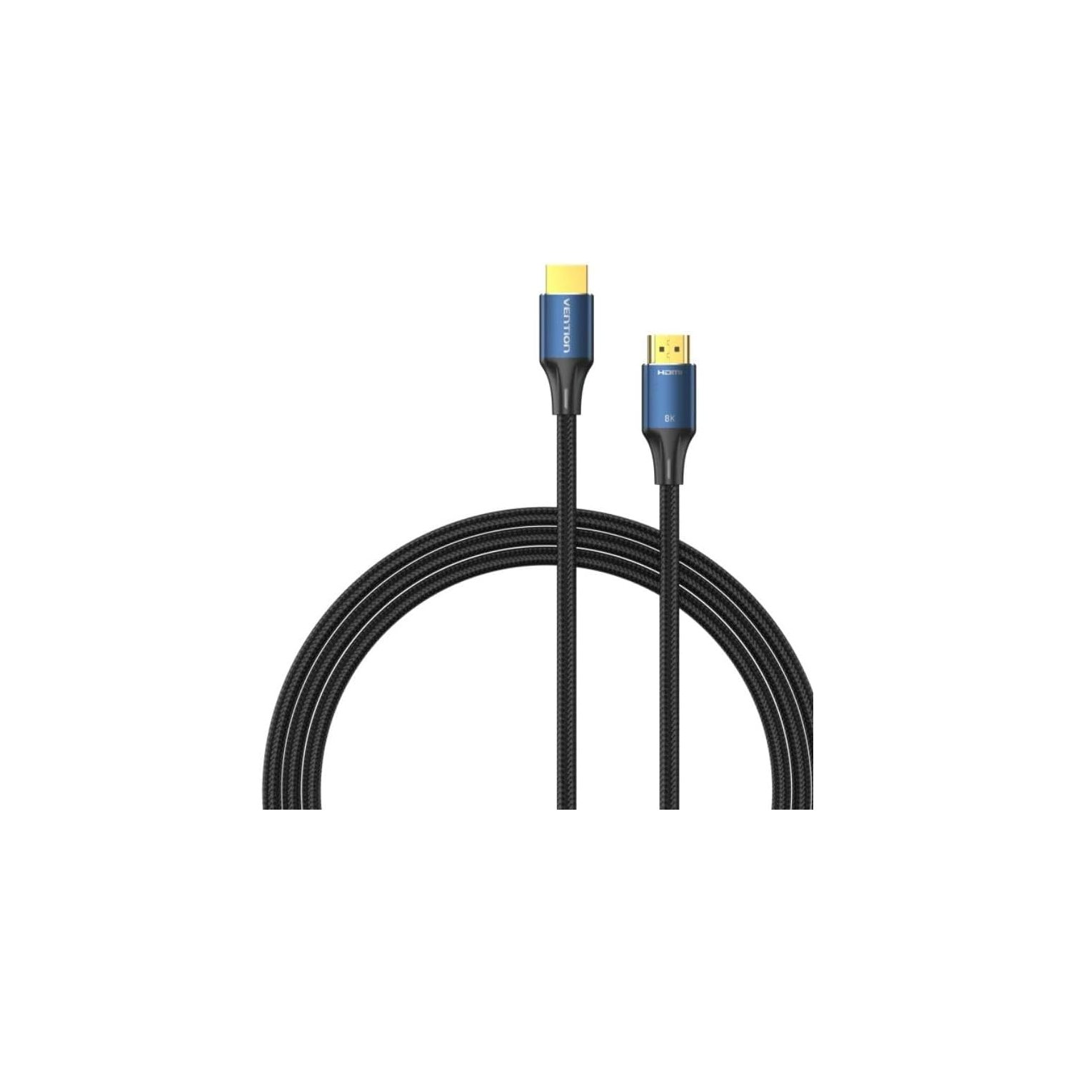 Due cavi HDMI neri con connettori dorati. I cavi sono intrecciati neri, su sfondo bianco.