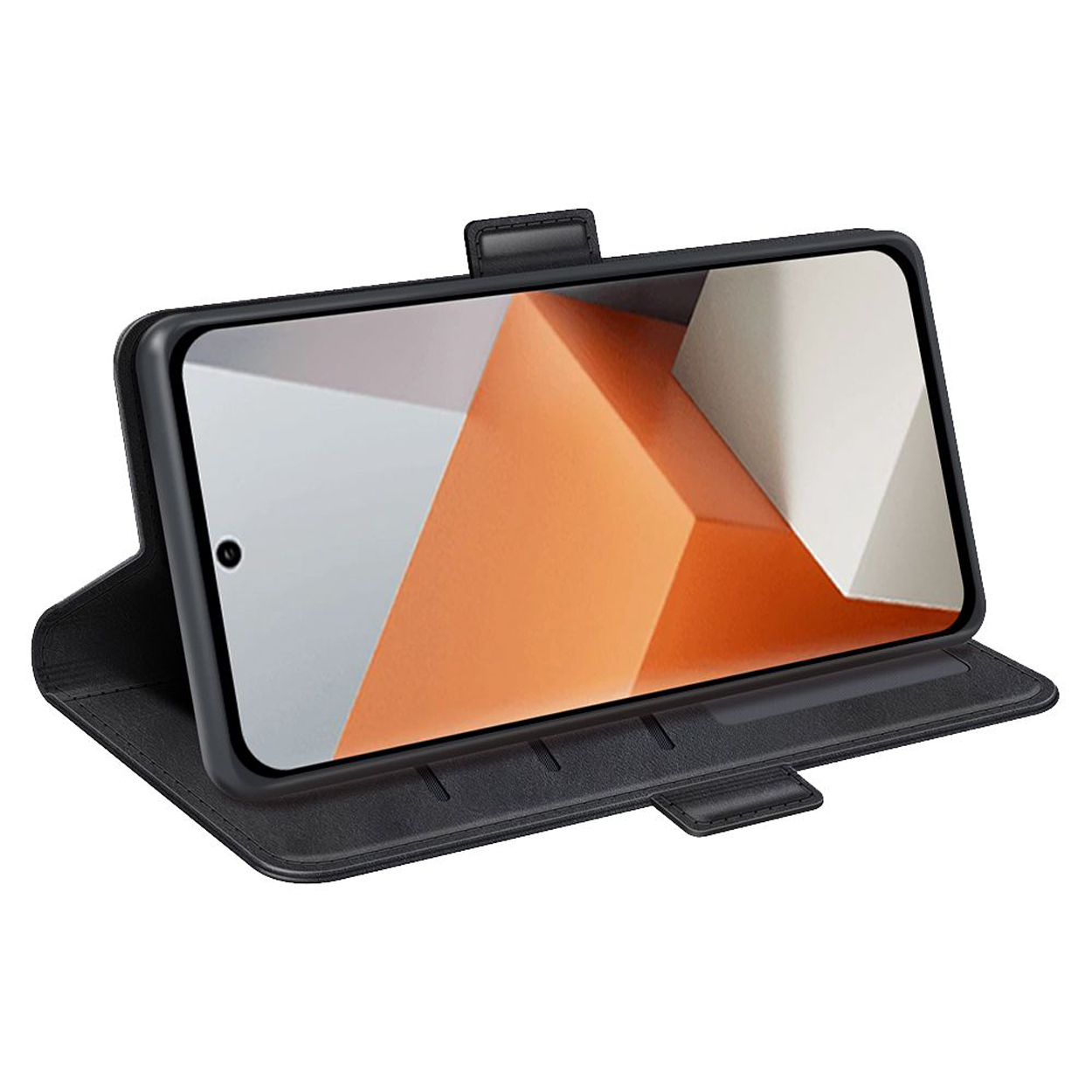 Zwarte telefoon in zwarte leren telefoonhoes. Oranje en wit patroon zichtbaar op het scherm.